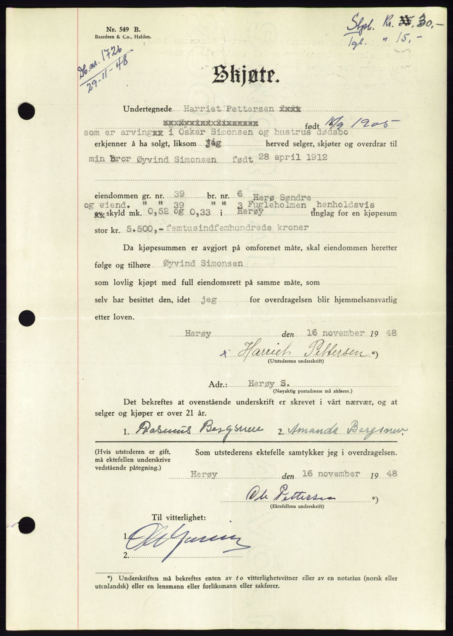 Søre Sunnmøre sorenskriveri, AV/SAT-A-4122/1/2/2C/L0083: Mortgage book no. 9A, 1948-1949, Diary no: : 1726/1948