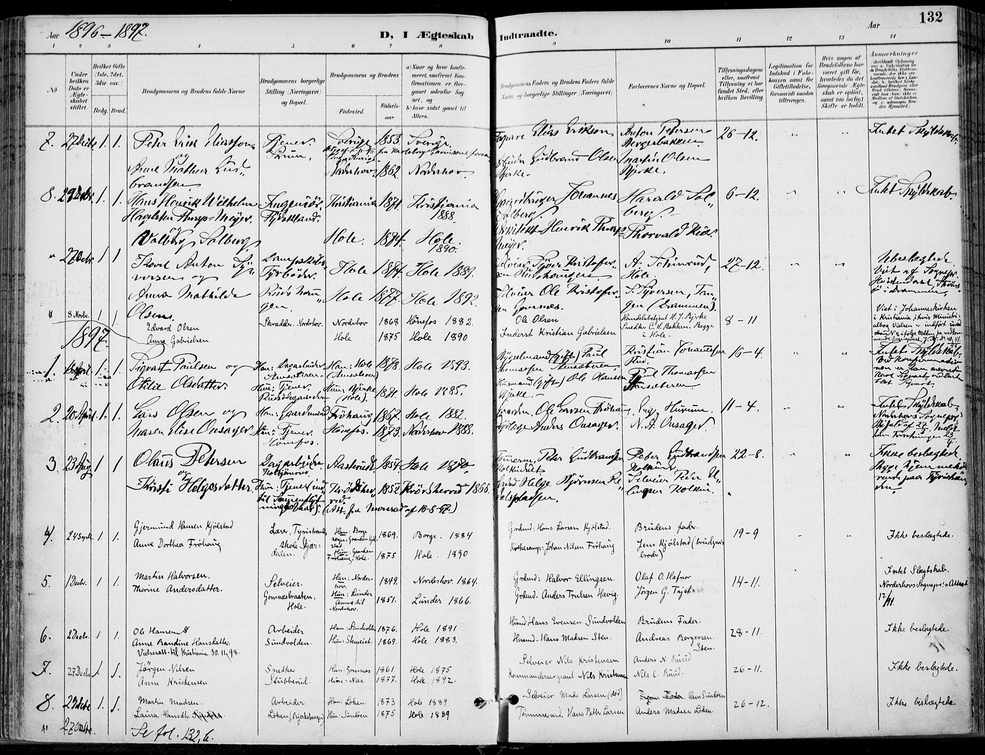 Hole kirkebøker, SAKO/A-228/F/Fa/L0009: Parish register (official) no. I 9, 1892-1907, p. 132
