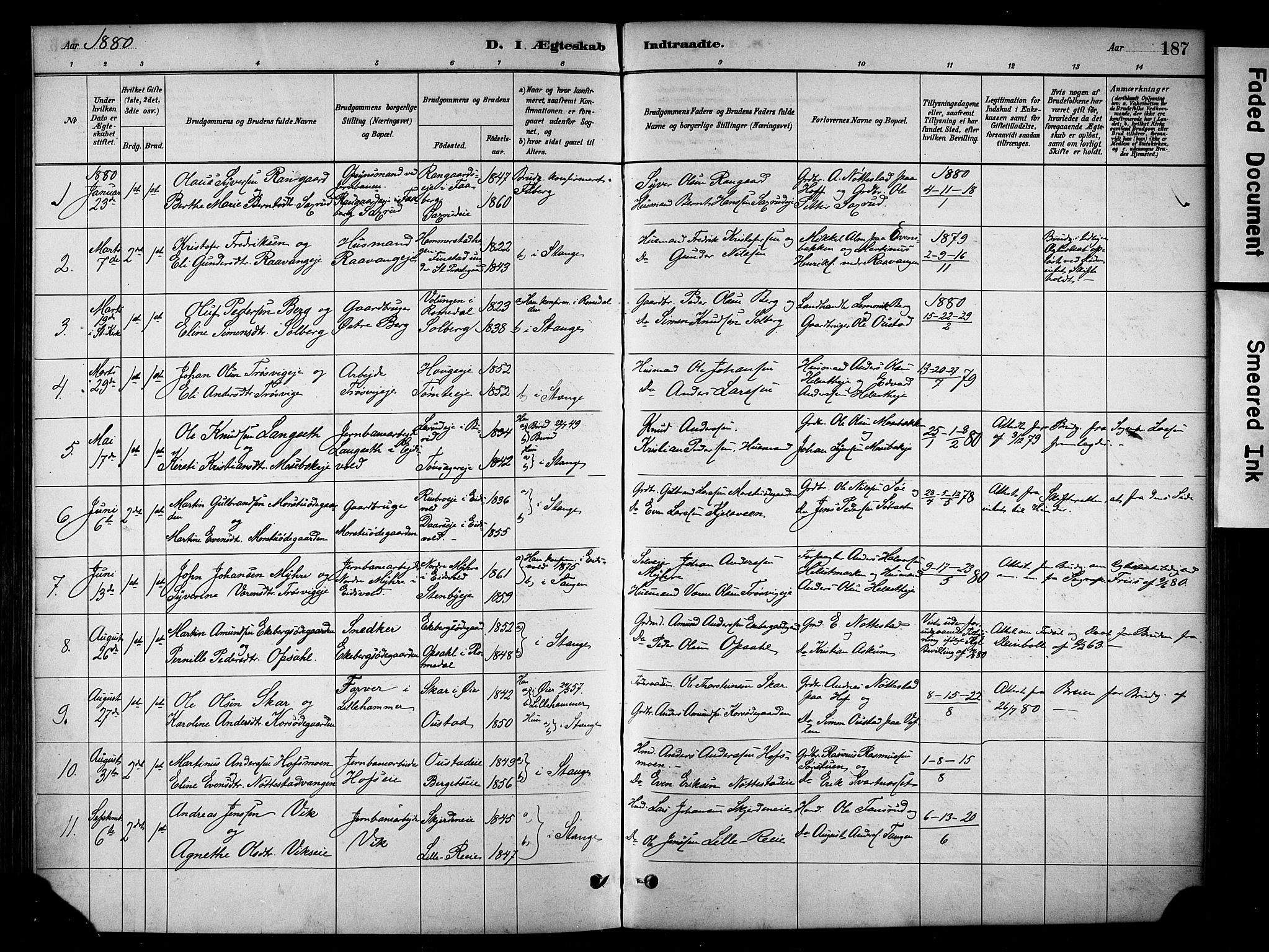 Stange prestekontor, SAH/PREST-002/K/L0018: Parish register (official) no. 18, 1880-1896, p. 187