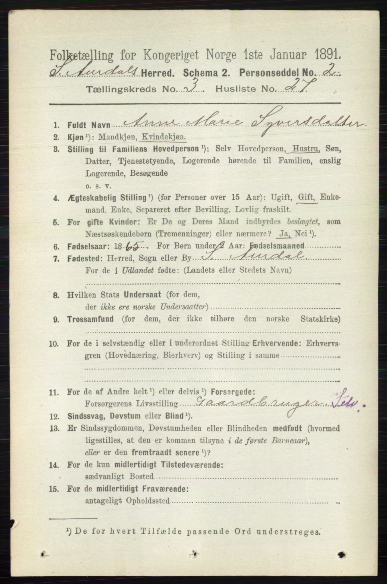 RA, 1891 census for 0540 Sør-Aurdal, 1891, p. 1830