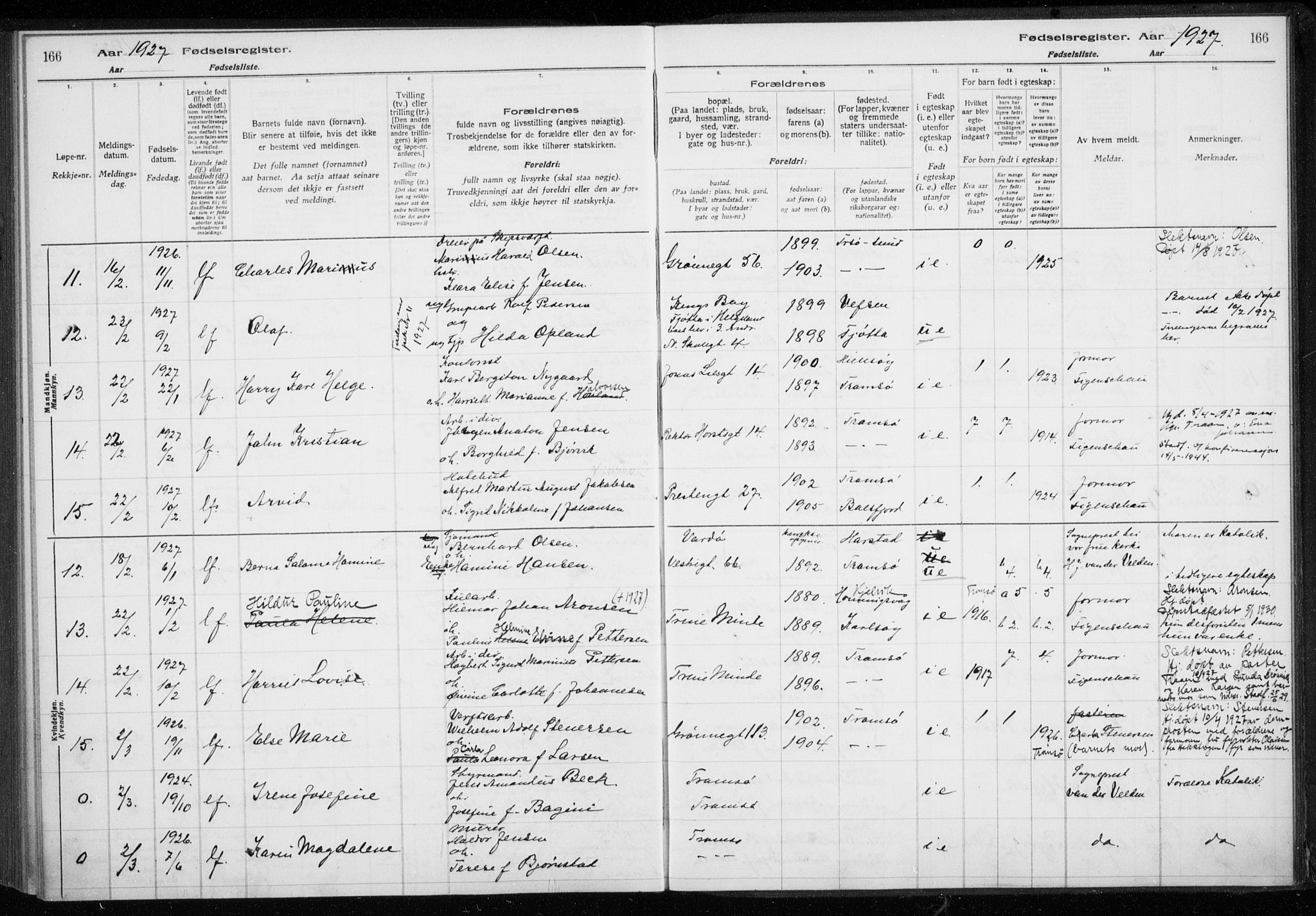Tromsø sokneprestkontor/stiftsprosti/domprosti, SATØ/S-1343/H/Ha/L0132: Birth register no. 132, 1921-1927, p. 166