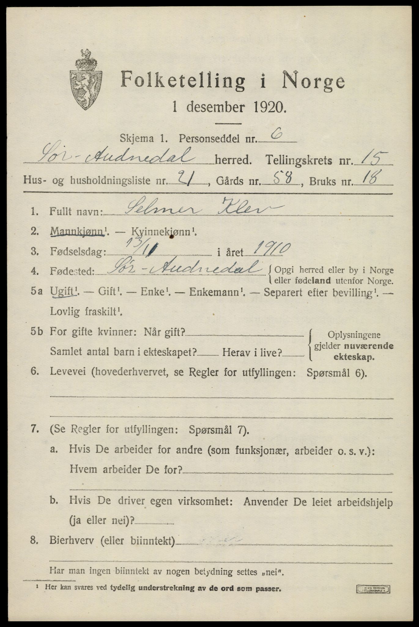 SAK, 1920 census for Sør-Audnedal, 1920, p. 5917