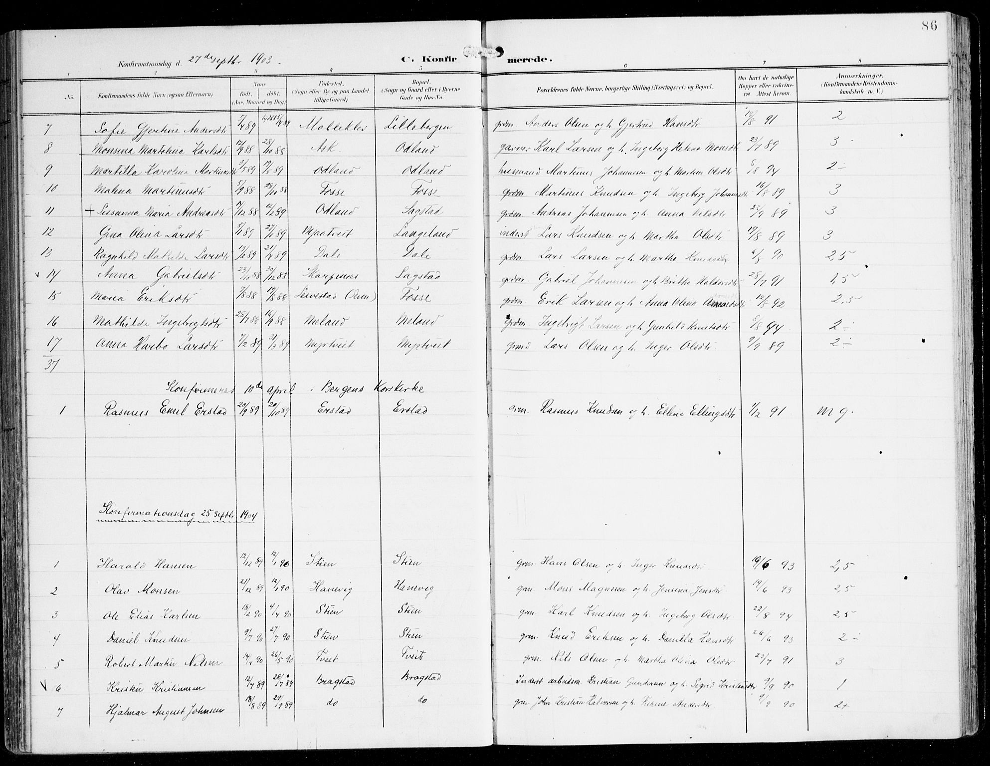 Alversund Sokneprestembete, SAB/A-73901/H/Ha/Haa/Haac/L0002: Parish register (official) no. C 2, 1901-1921, p. 86