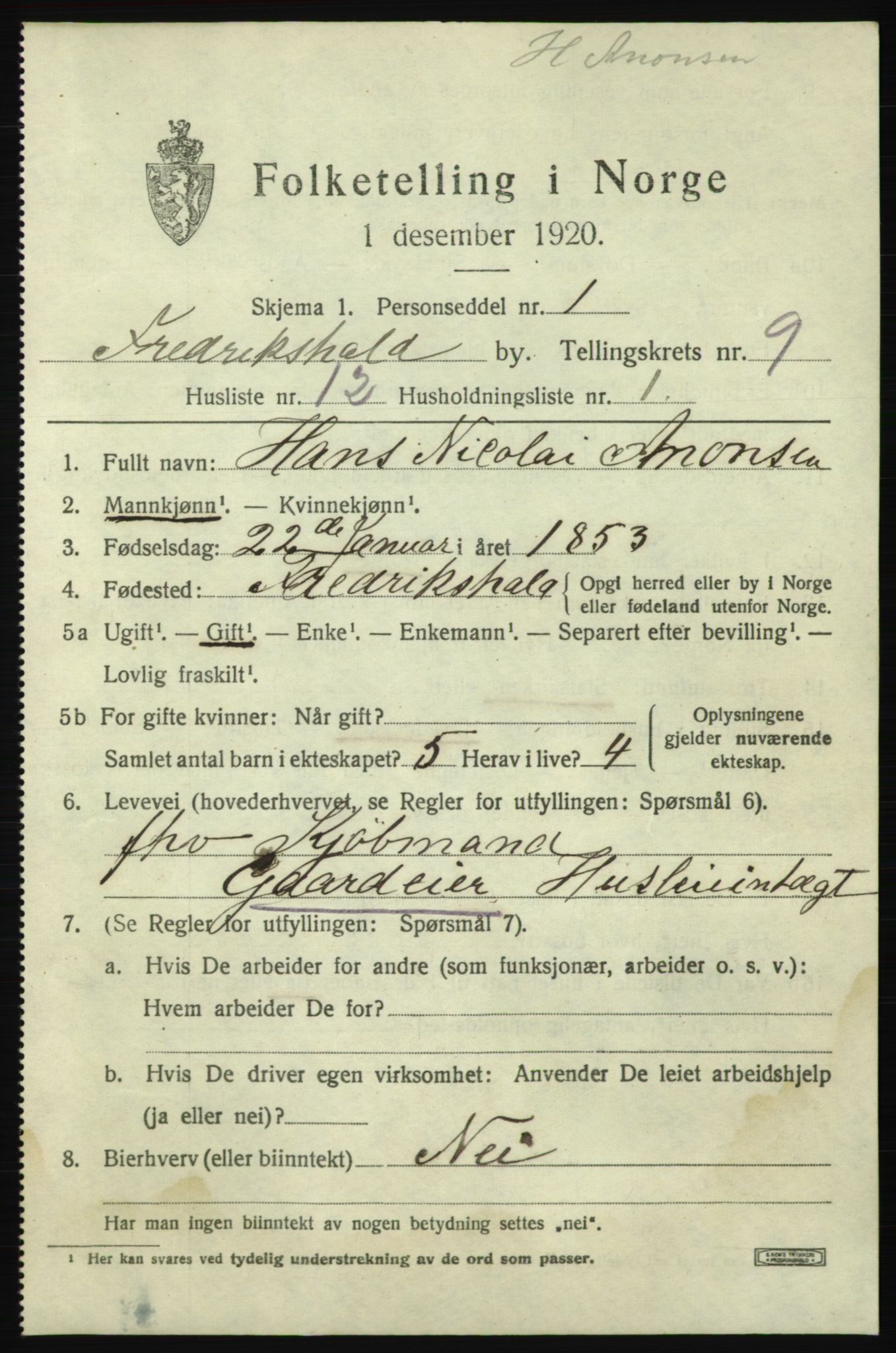 SAO, 1920 census for Fredrikshald, 1920, p. 16026