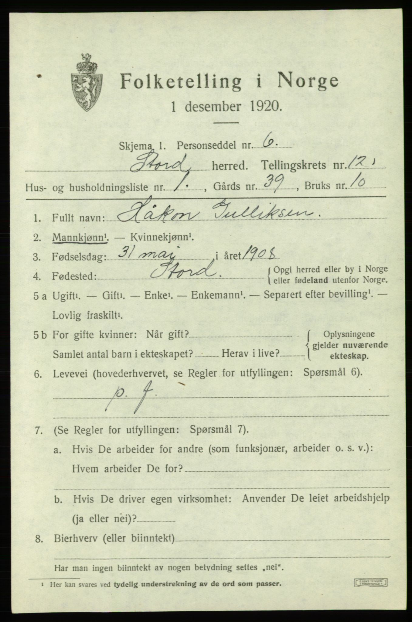 SAB, 1920 census for Stord, 1920, p. 7007