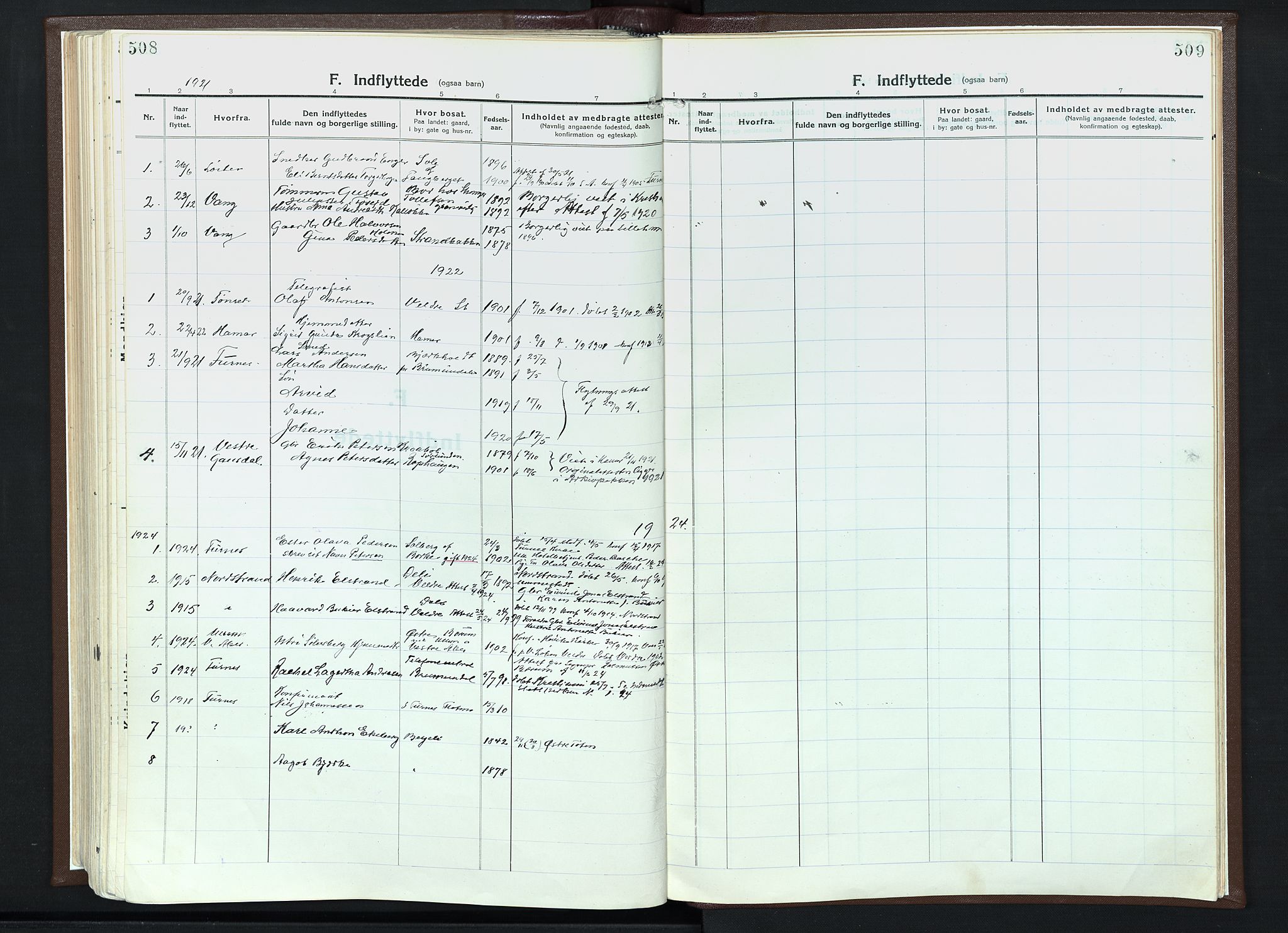 Veldre prestekontor, AV/SAH-PREST-018/K/Ka/L0001: Parish register (official) no. 1, 1921-1934, p. 508-509