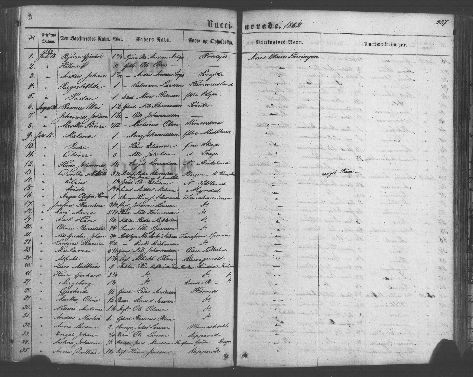 Fana Sokneprestembete, SAB/A-75101/H/Haa/Haaa/L0012: Parish register (official) no. A 12, 1862-1878, p. 237