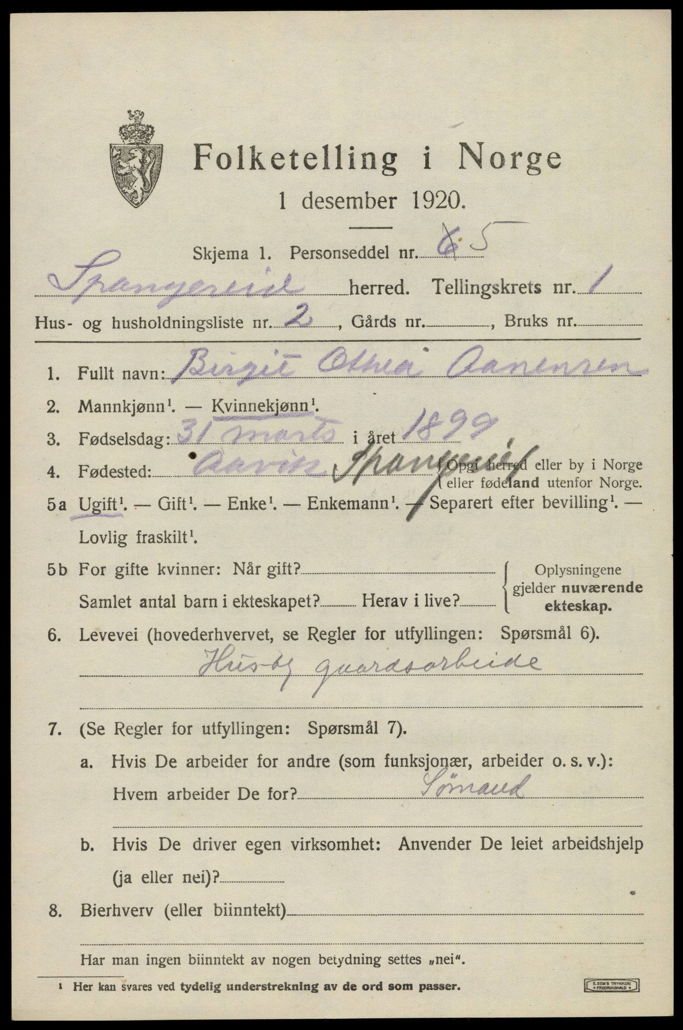 SAK, 1920 census for Spangereid, 1920, p. 843