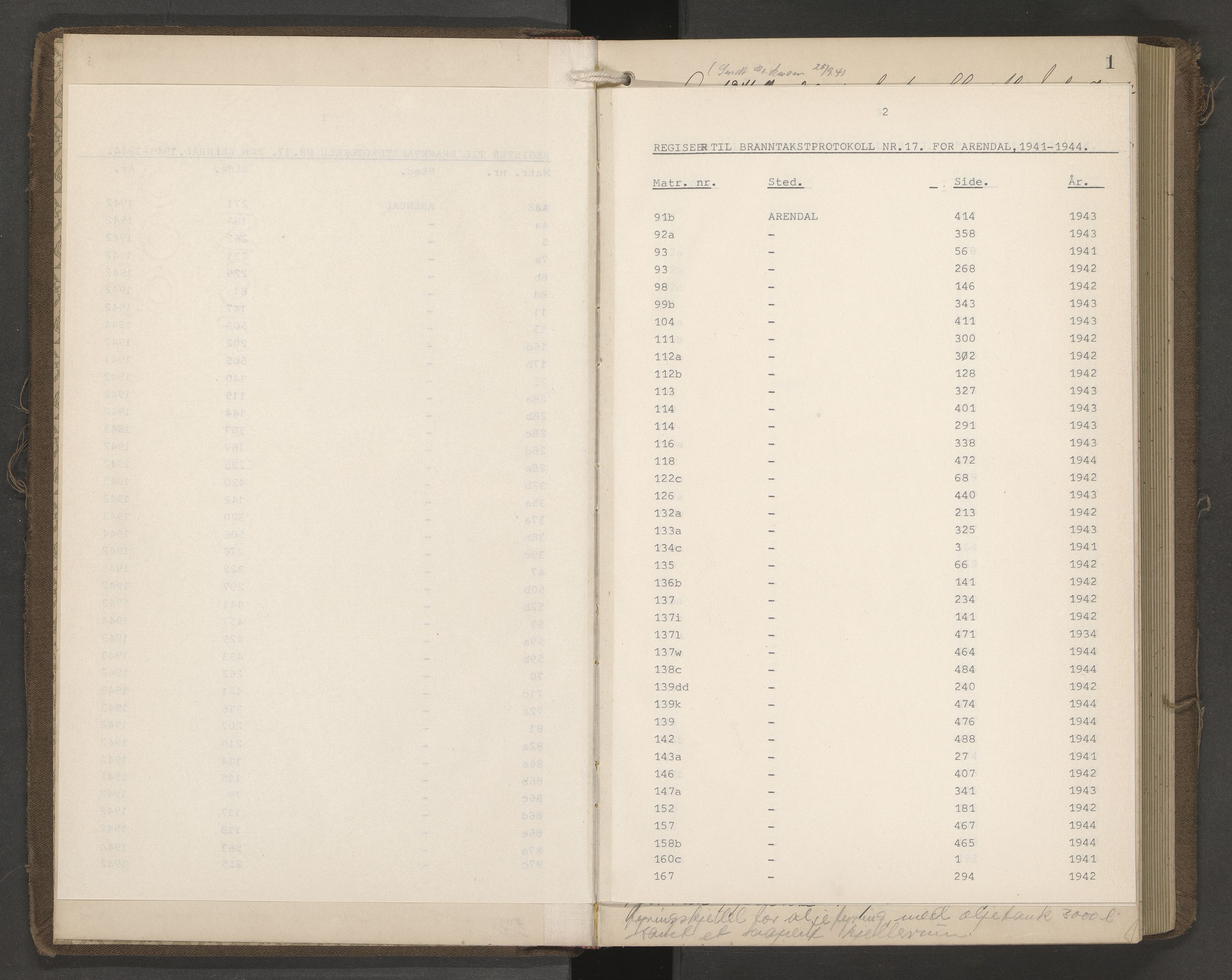 Norges Brannkasse Arendal, AV/SAK-2241-0002/F/Fa/L0034: Branntakstprotokoll nr. 32 med matrikkelnummerregister, 1941-1944