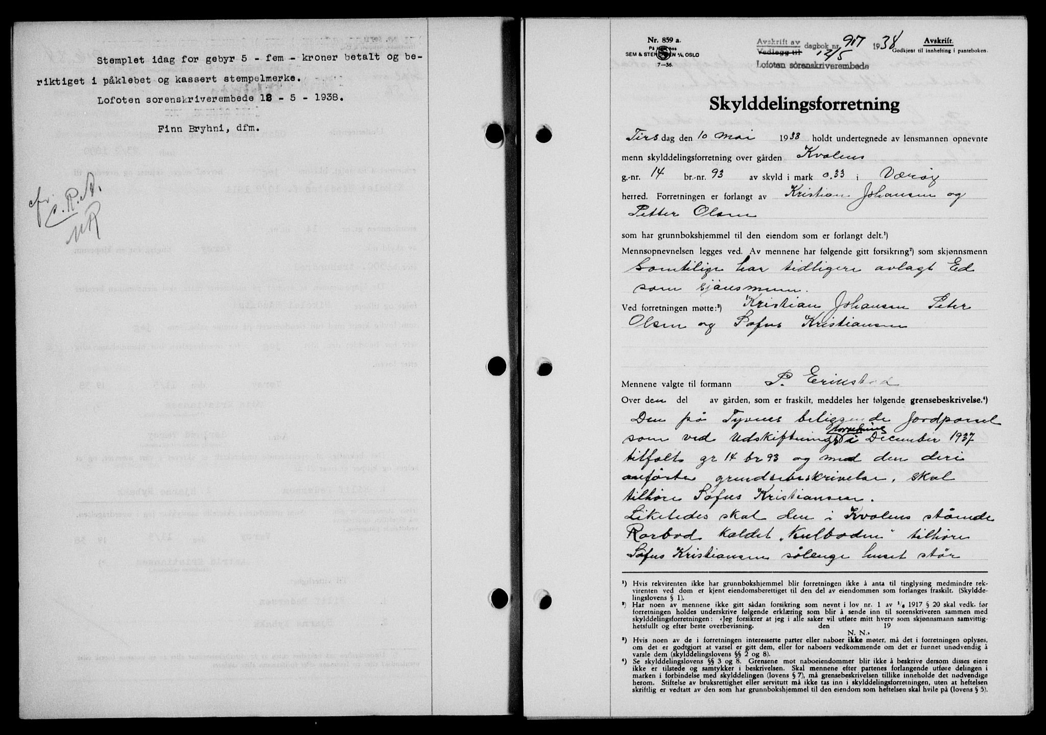 Lofoten sorenskriveri, SAT/A-0017/1/2/2C/L0004a: Mortgage book no. 4a, 1938-1938, Diary no: : 917/1938
