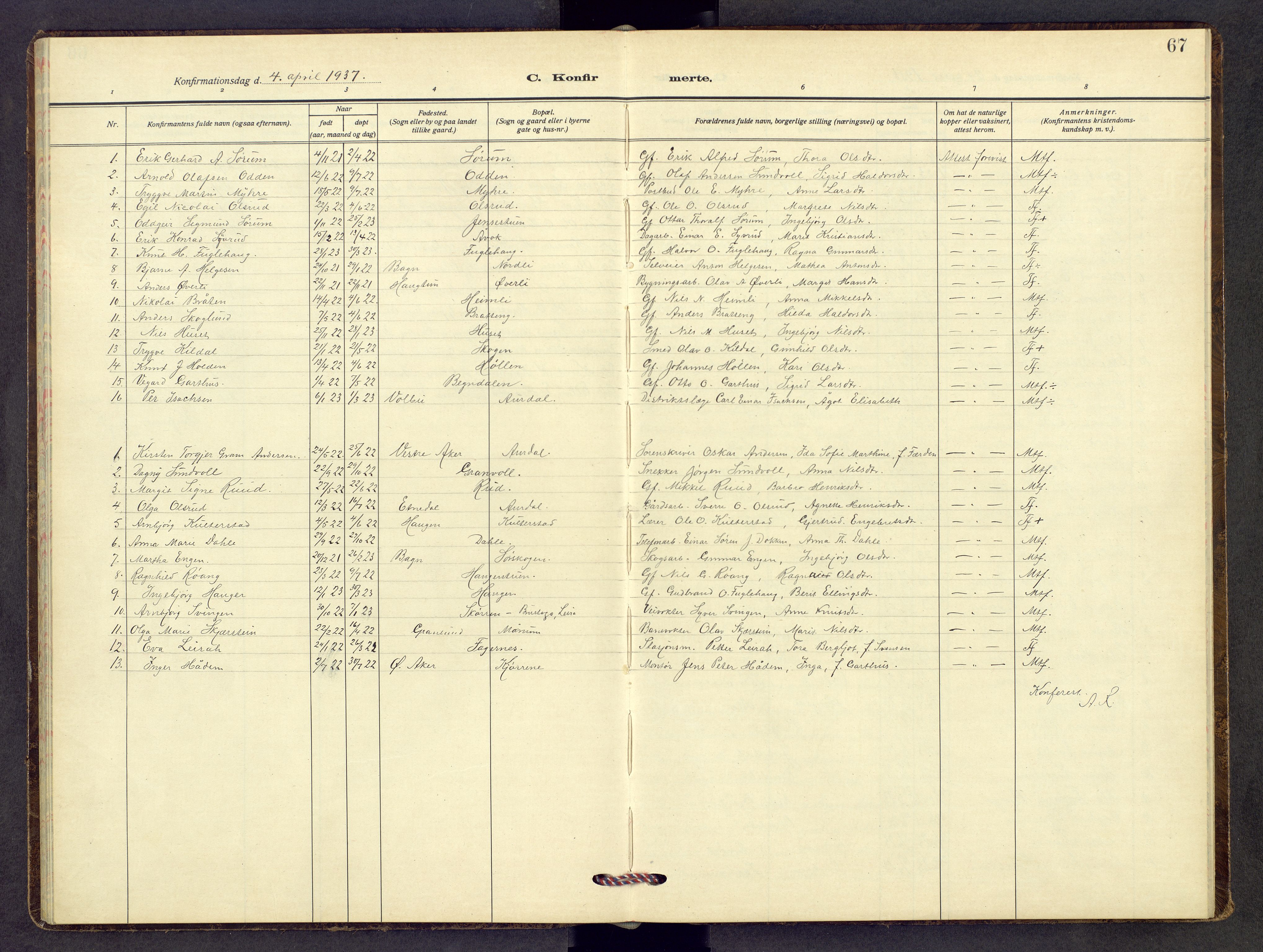 Nord-Aurdal prestekontor, SAH/PREST-132/H/Ha/Hab/L0017: Parish register (copy) no. 17, 1933-1946, p. 67