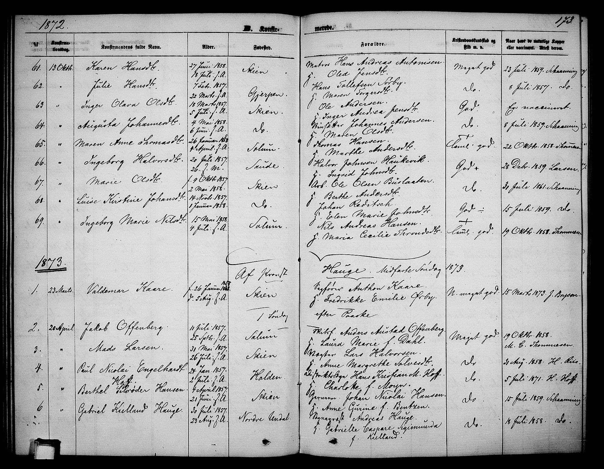 Skien kirkebøker, SAKO/A-302/G/Ga/L0005: Parish register (copy) no. 5, 1868-1880, p. 173