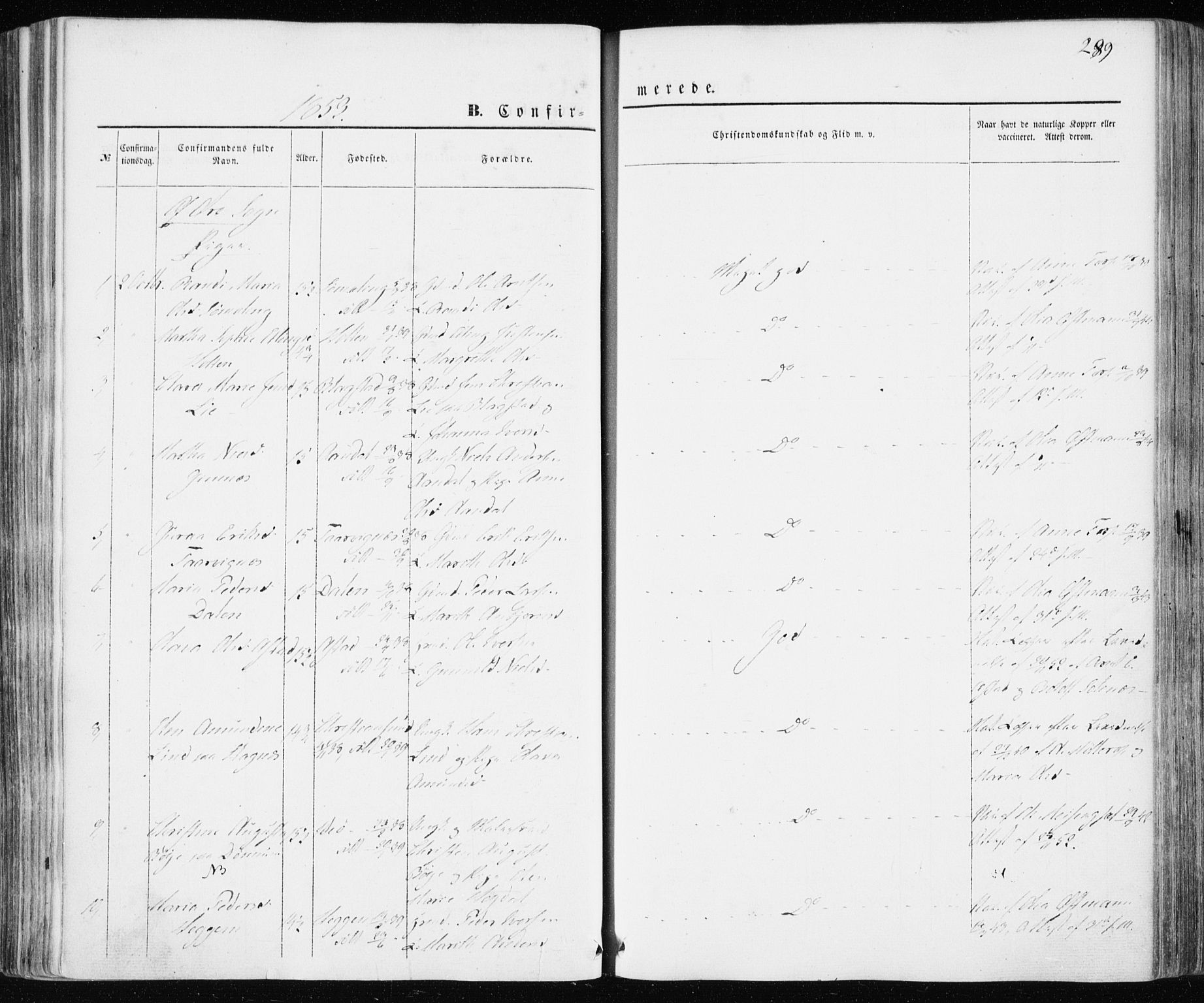 Ministerialprotokoller, klokkerbøker og fødselsregistre - Møre og Romsdal, AV/SAT-A-1454/586/L0984: Parish register (official) no. 586A10, 1844-1856, p. 289