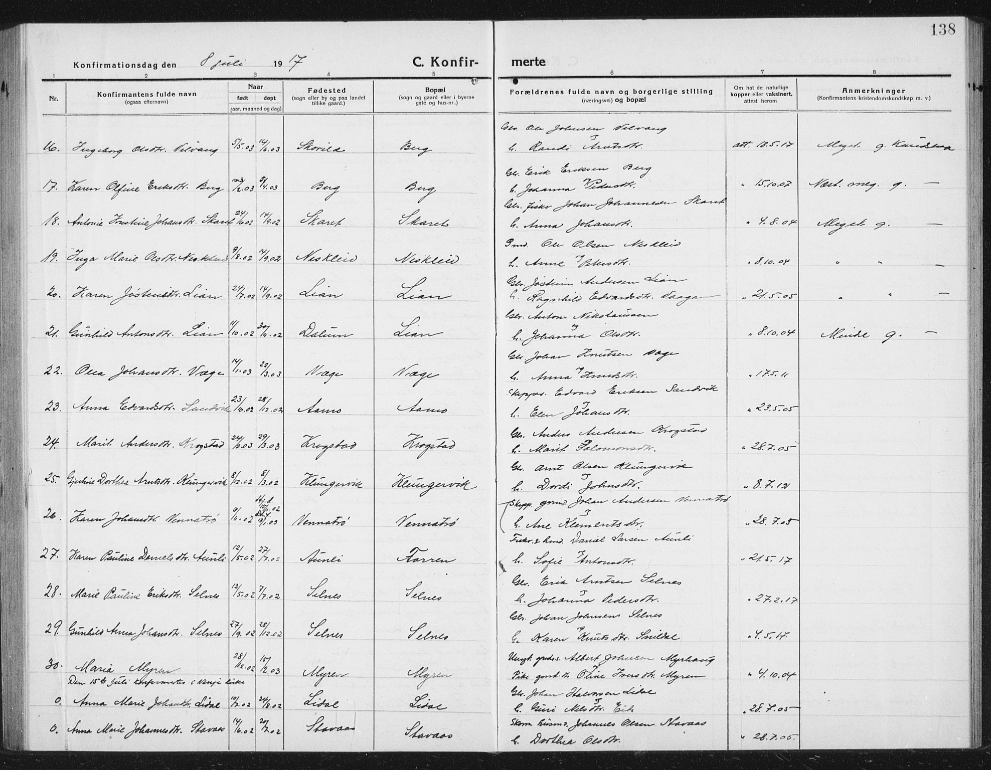 Ministerialprotokoller, klokkerbøker og fødselsregistre - Sør-Trøndelag, SAT/A-1456/630/L0506: Parish register (copy) no. 630C04, 1914-1933, p. 138
