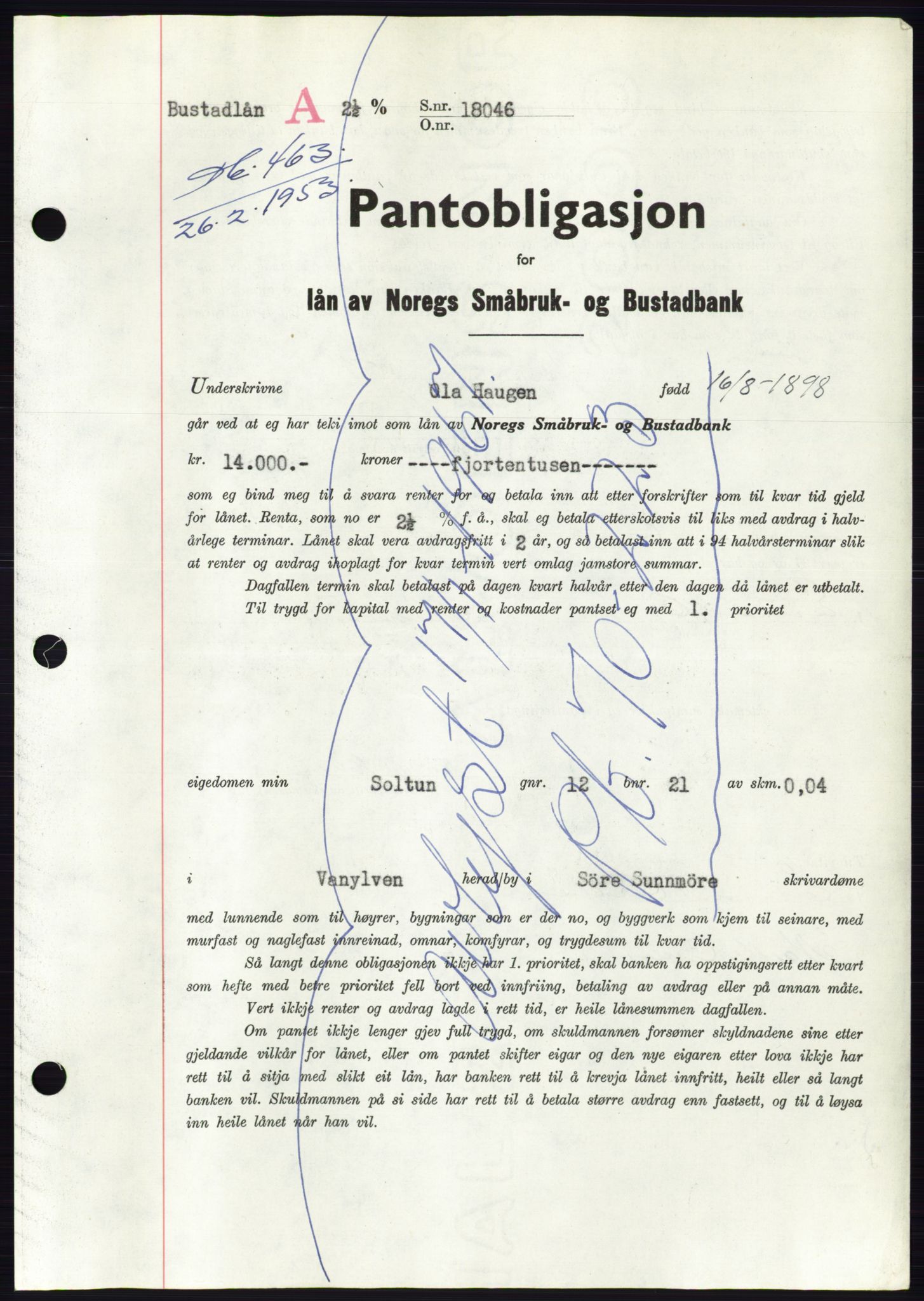 Søre Sunnmøre sorenskriveri, AV/SAT-A-4122/1/2/2C/L0123: Mortgage book no. 11B, 1953-1953, Diary no: : 463/1953