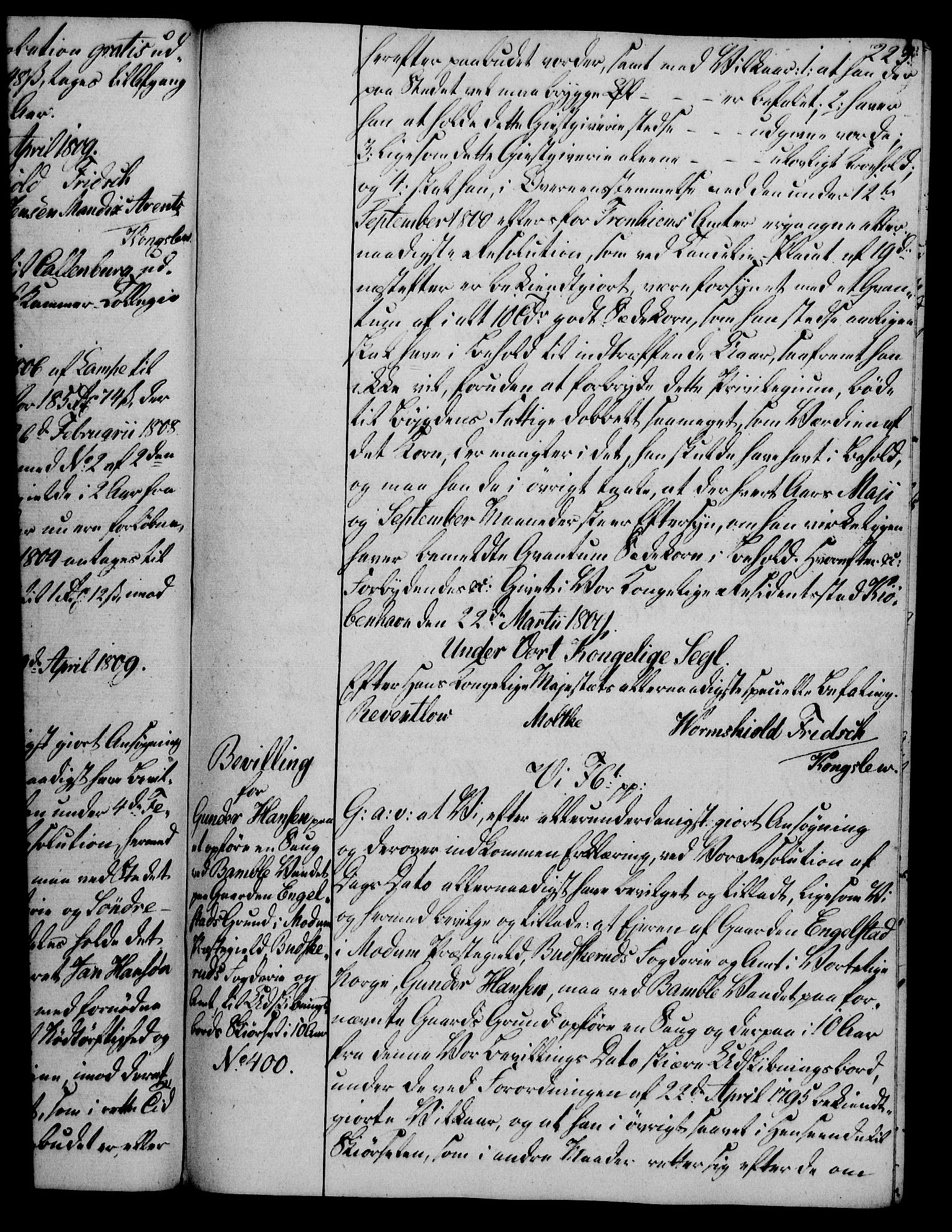 Rentekammeret, Kammerkanselliet, AV/RA-EA-3111/G/Gg/Gga/L0019: Norsk ekspedisjonsprotokoll med register (merket RK 53.19), 1807-1810, p. 223