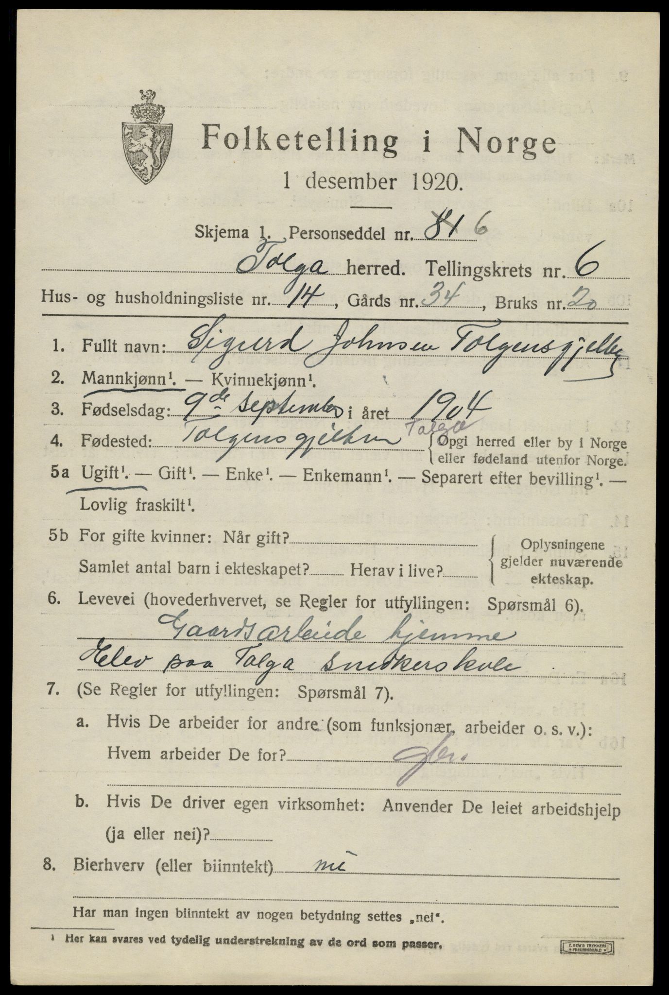 SAH, 1920 census for Tolga, 1920, p. 3785