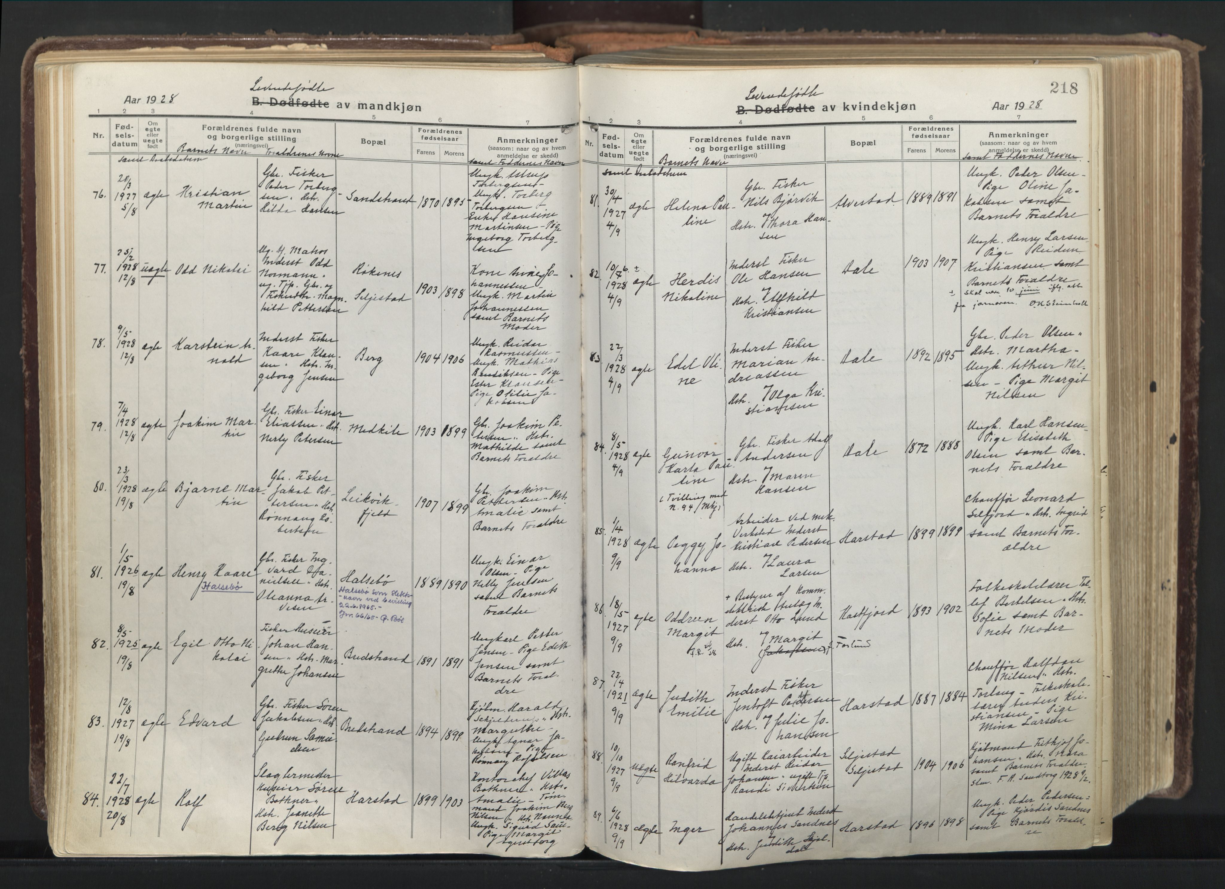 Trondenes sokneprestkontor, AV/SATØ-S-1319/H/Ha/L0019kirke: Parish register (official) no. 19, 1919-1928, p. 218