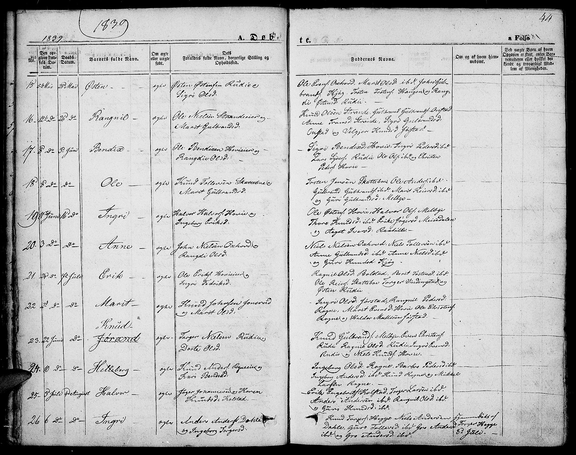 Slidre prestekontor, AV/SAH-PREST-134/H/Ha/Haa/L0004: Parish register (official) no. 4, 1831-1848, p. 44