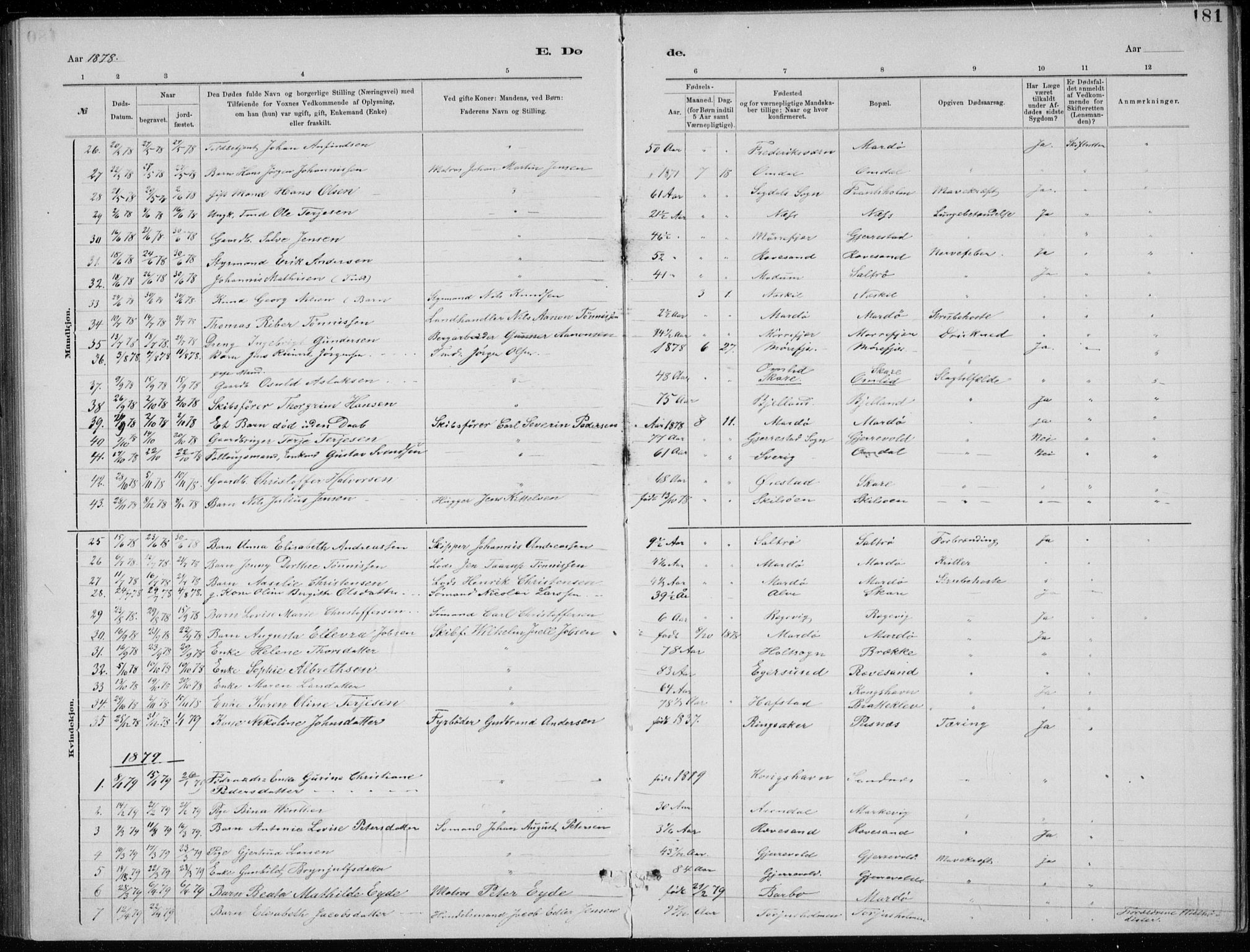 Tromøy sokneprestkontor, SAK/1111-0041/F/Fb/L0005: Parish register (copy) no. B 5, 1877-1891, p. 181