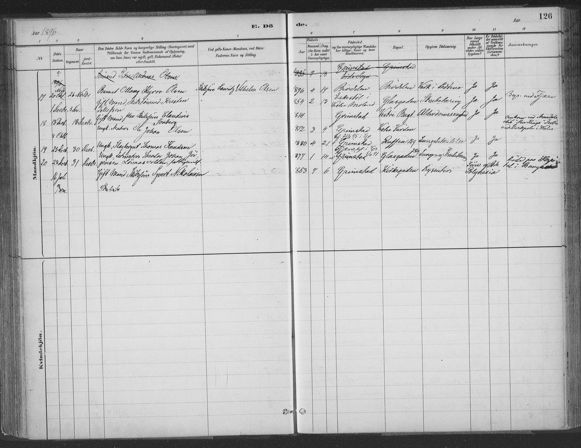 Grimstad sokneprestkontor, SAK/1111-0017/F/Fa/L0004: Parish register (official) no. A 3, 1882-1910, p. 126