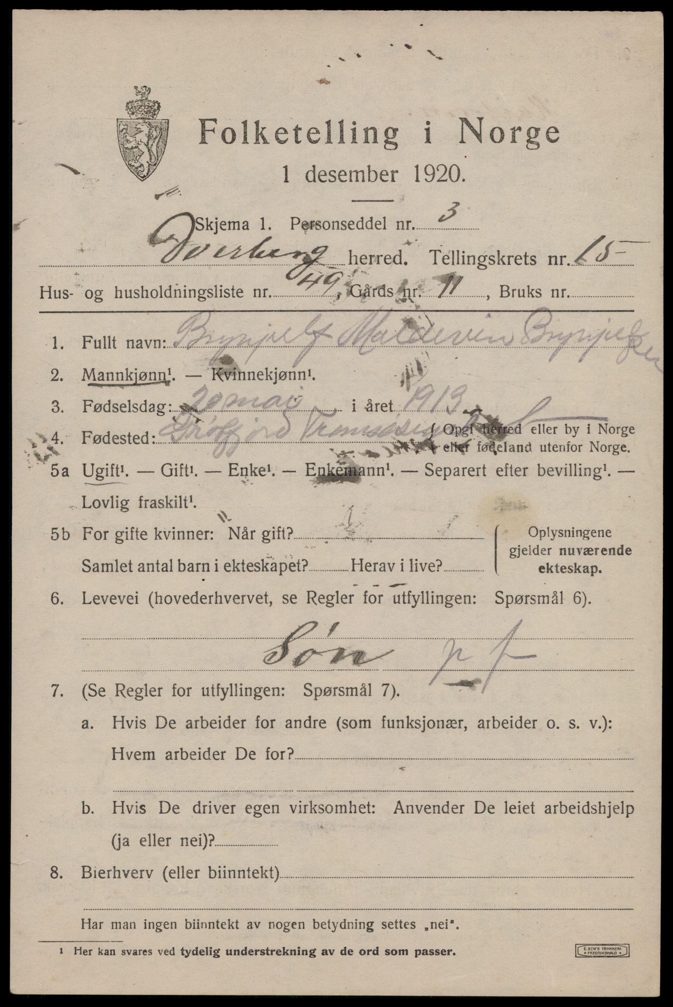 SAT, 1920 census for Dverberg, 1920, p. 11548