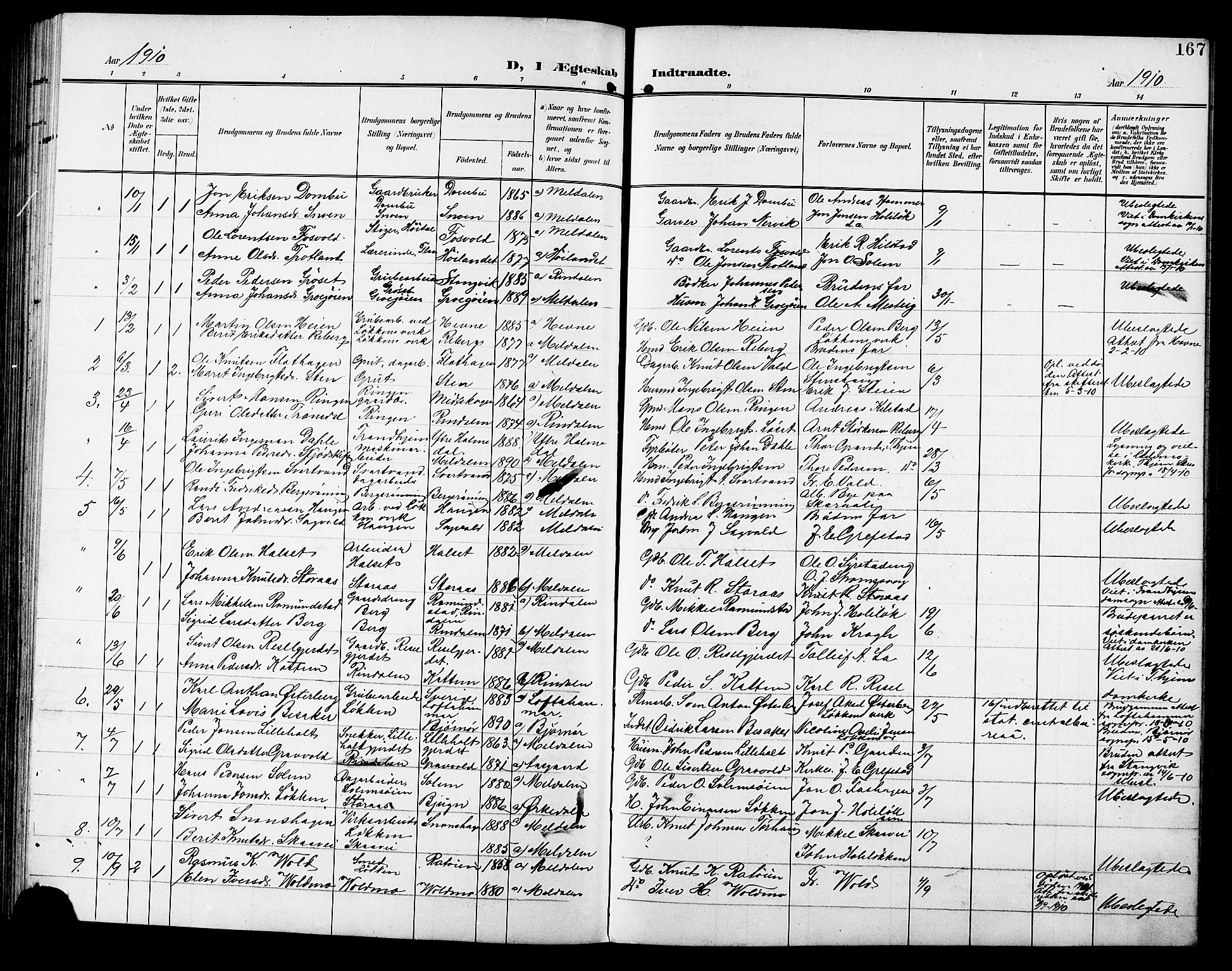 Ministerialprotokoller, klokkerbøker og fødselsregistre - Sør-Trøndelag, SAT/A-1456/672/L0864: Parish register (copy) no. 672C03, 1902-1914, p. 167