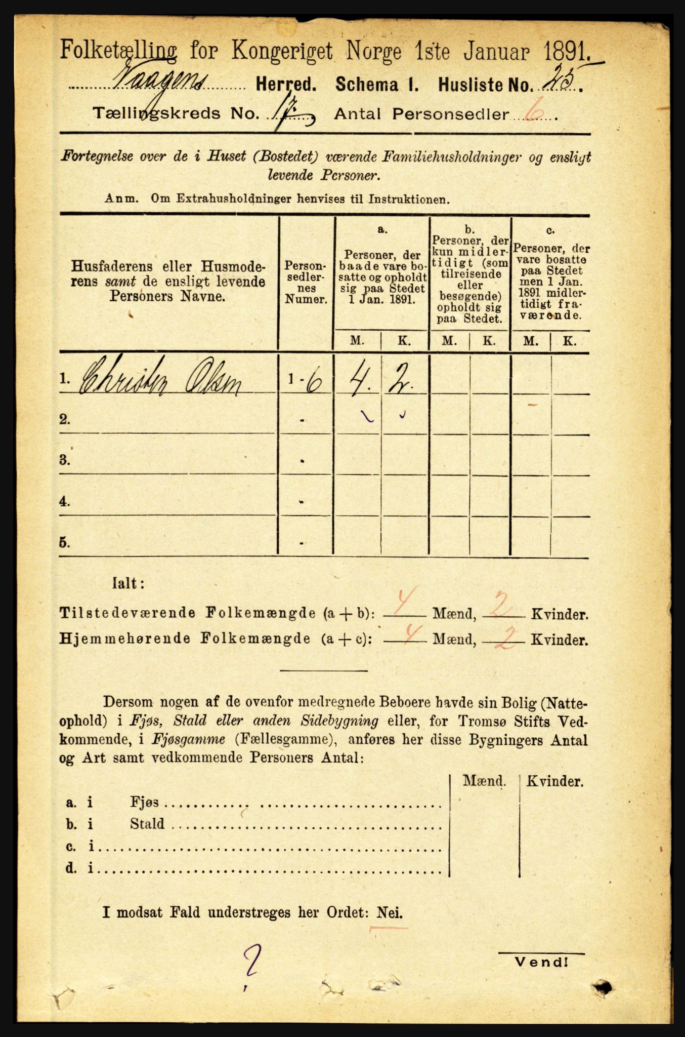 RA, 1891 census for 1865 Vågan, 1891, p. 4915