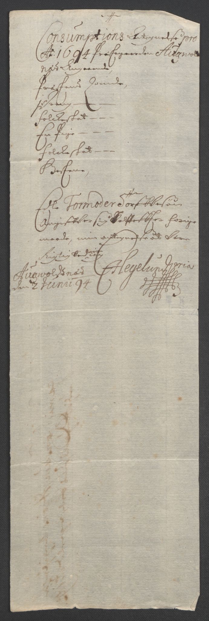 Rentekammeret inntil 1814, Reviderte regnskaper, Fogderegnskap, AV/RA-EA-4092/R47/L2857: Fogderegnskap Ryfylke, 1694-1696, p. 44