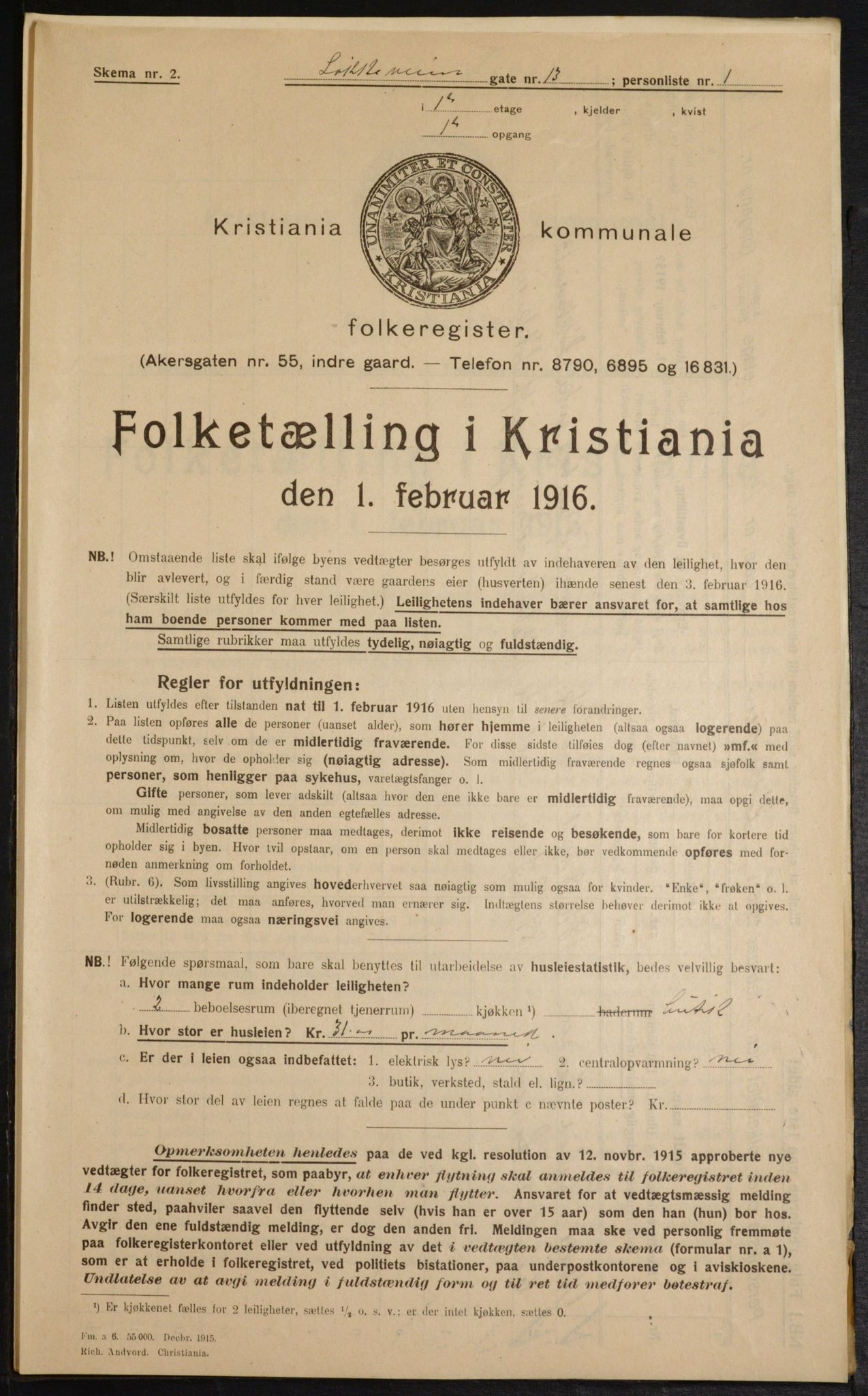 OBA, Municipal Census 1916 for Kristiania, 1916, p. 60086