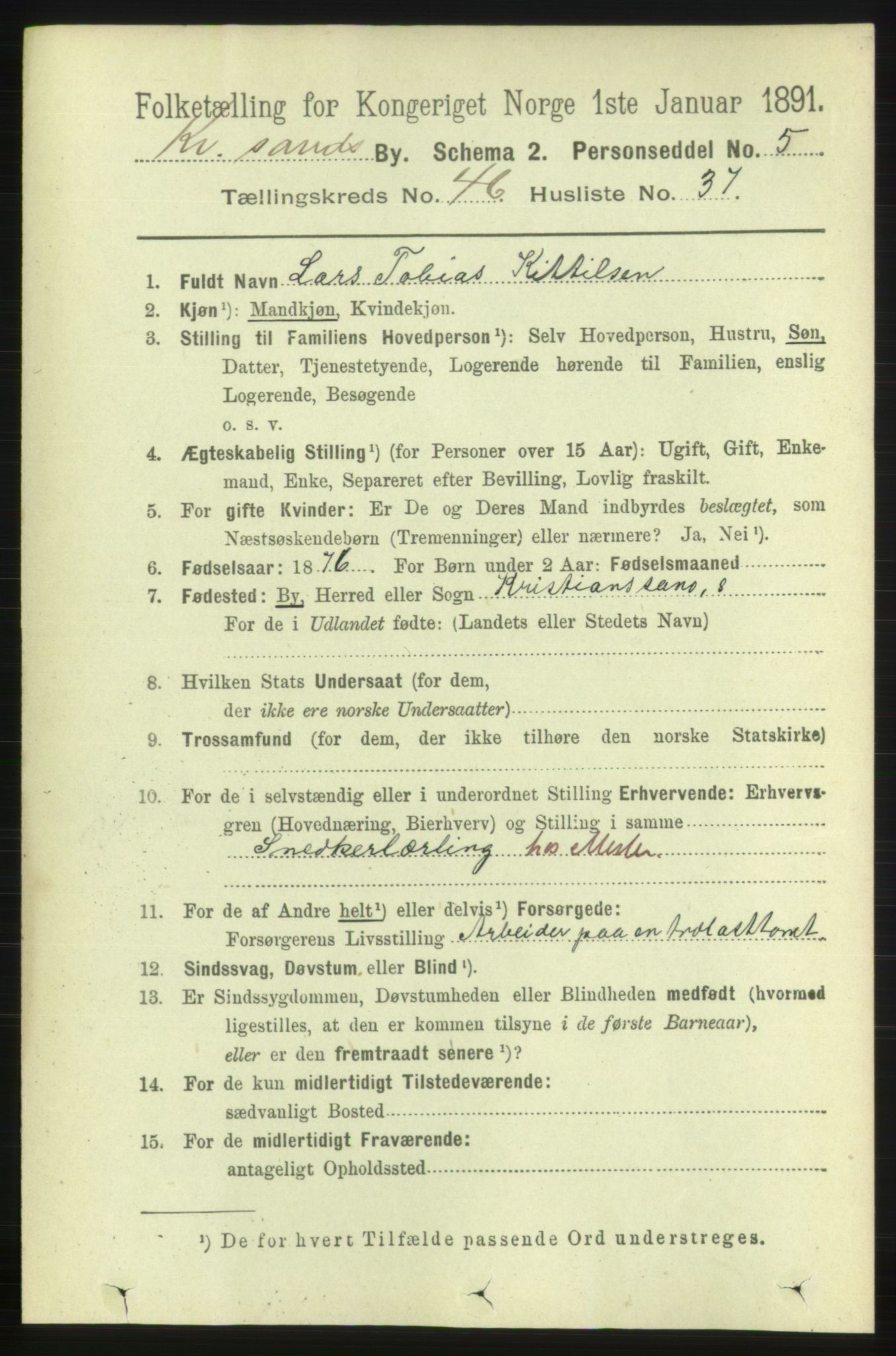 RA, 1891 census for 1001 Kristiansand, 1891, p. 14431