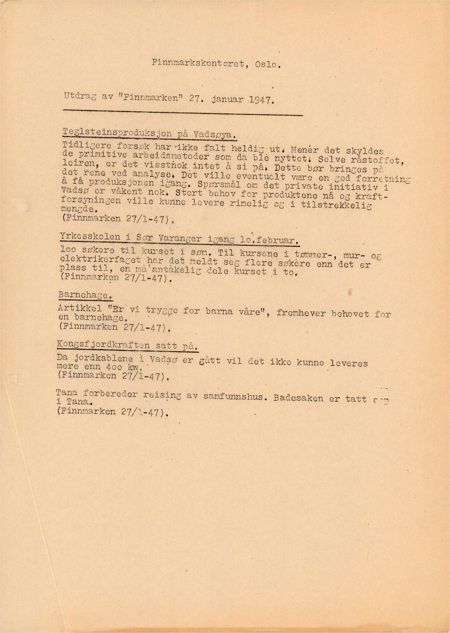 Finnmarkskontorets presse- og opplysningsarkiv , FMFB/A-1198/E/L0008/0002: 6. Presse / Utdrag av Finnmarken 1945-1948, to mapper