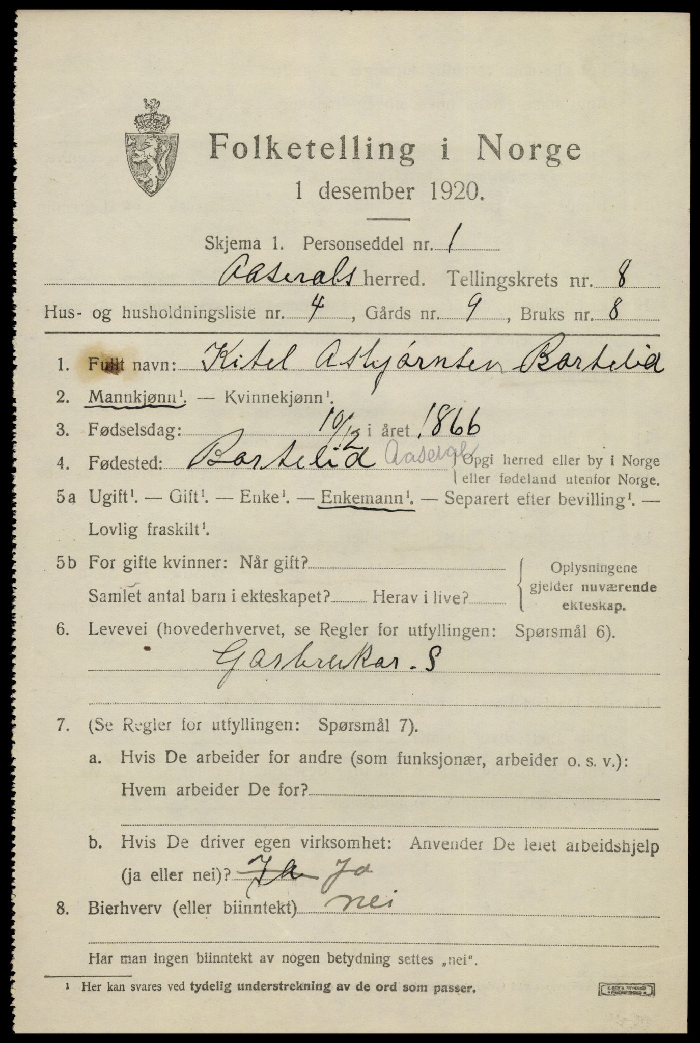 SAK, 1920 census for Åseral, 1920, p. 2472