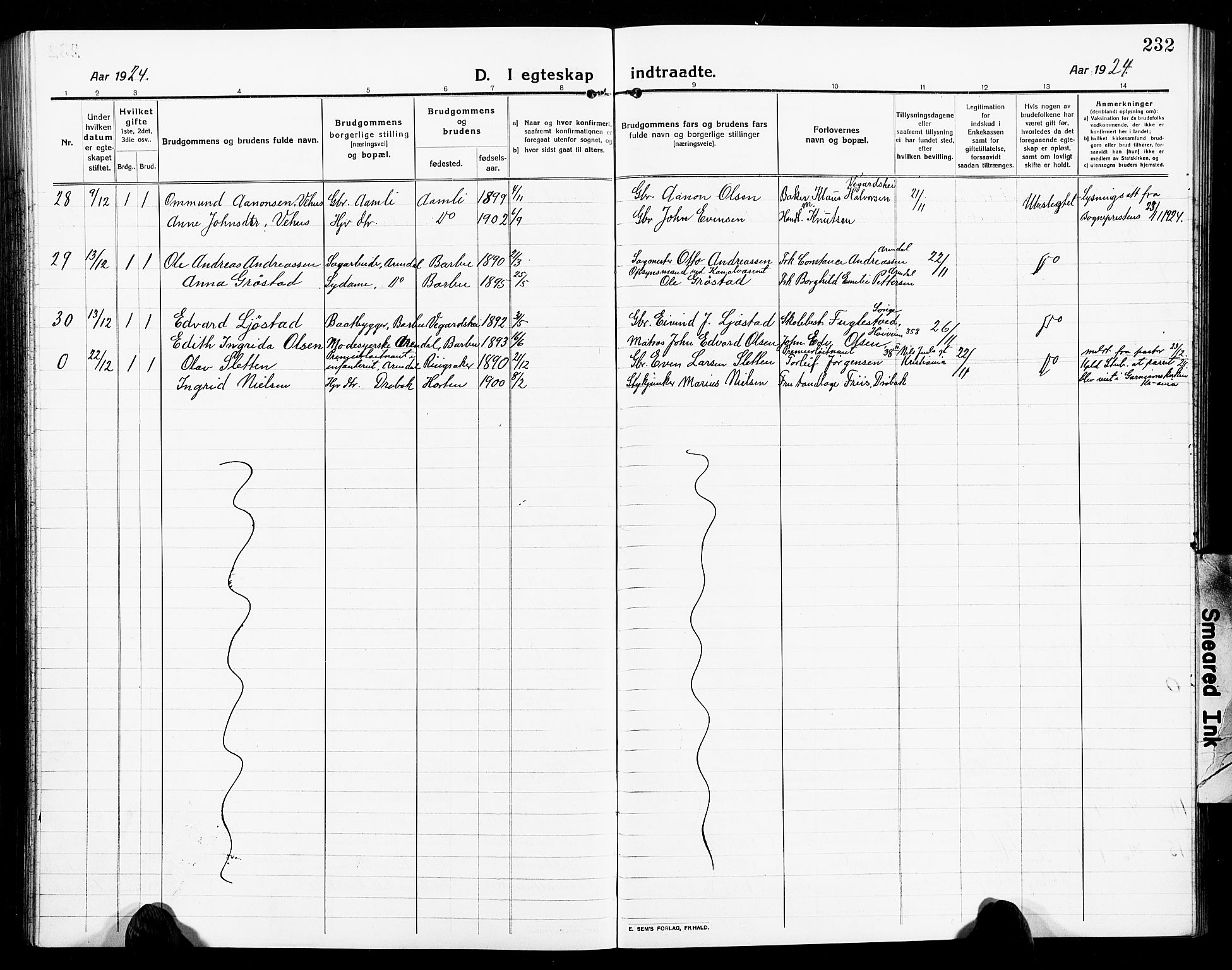 Arendal sokneprestkontor, Trefoldighet, AV/SAK-1111-0040/F/Fb/L0007: Parish register (copy) no. B 7, 1916-1927, p. 232