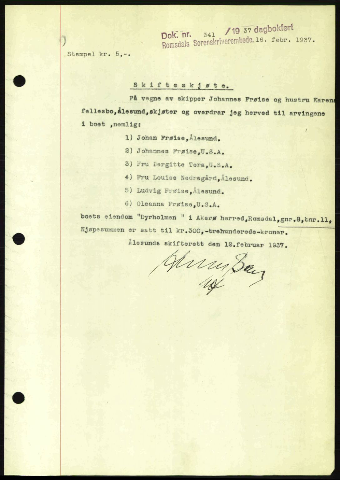 Romsdal sorenskriveri, AV/SAT-A-4149/1/2/2C: Mortgage book no. A2, 1936-1937, Diary no: : 341/1937