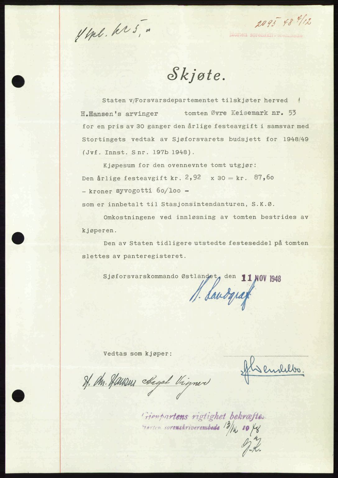 Horten sorenskriveri, AV/SAKO-A-133/G/Ga/Gaa/L0011: Mortgage book no. A-11, 1948-1948, Diary no: : 2095/1948