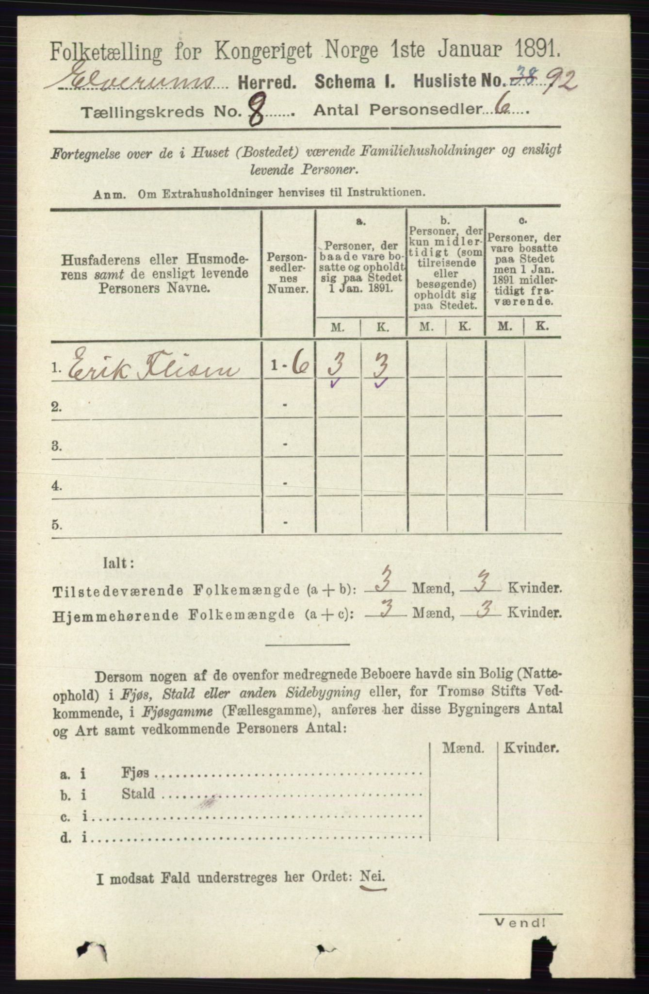 RA, 1891 census for 0427 Elverum, 1891, p. 7021