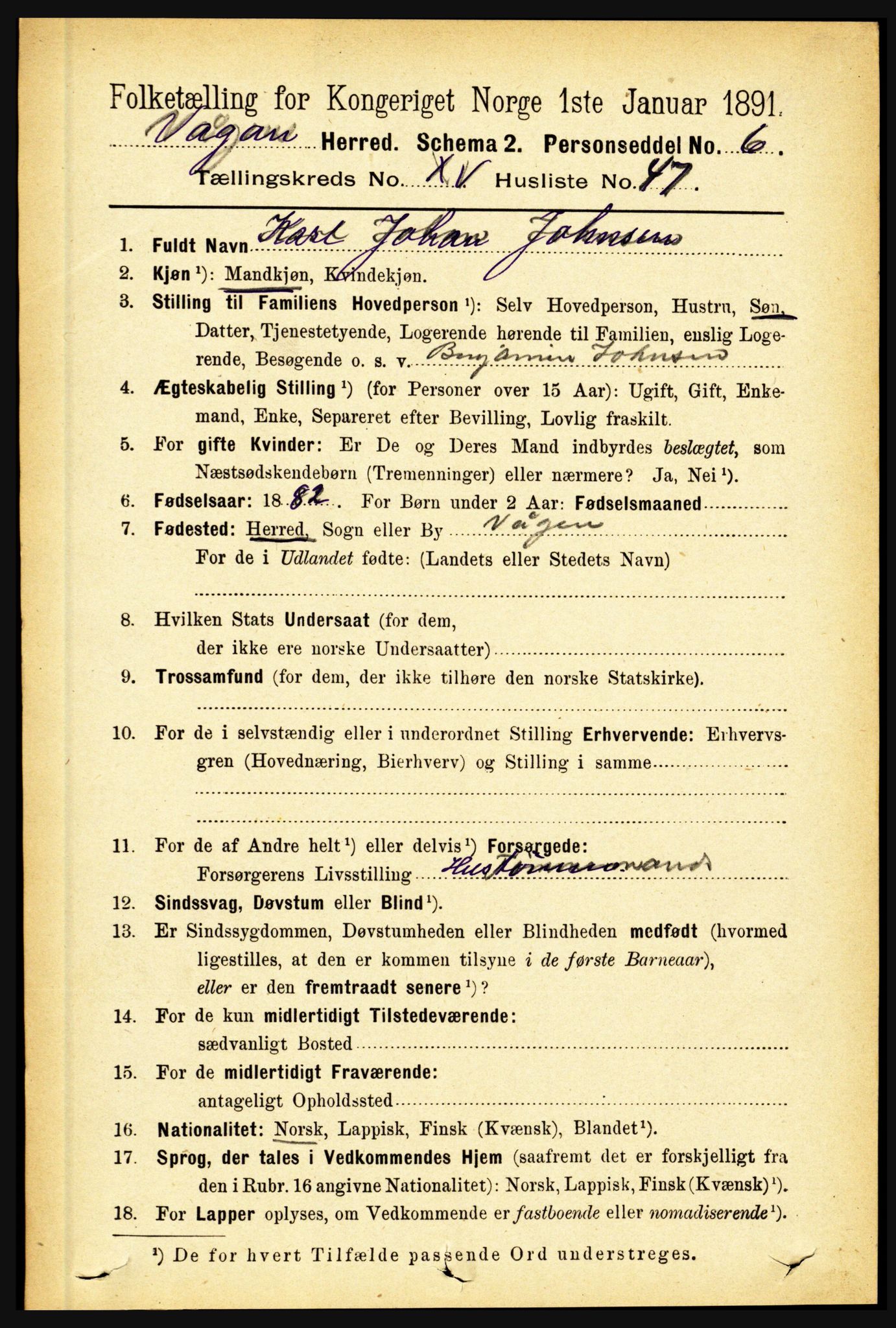RA, 1891 census for 1865 Vågan, 1891, p. 4493