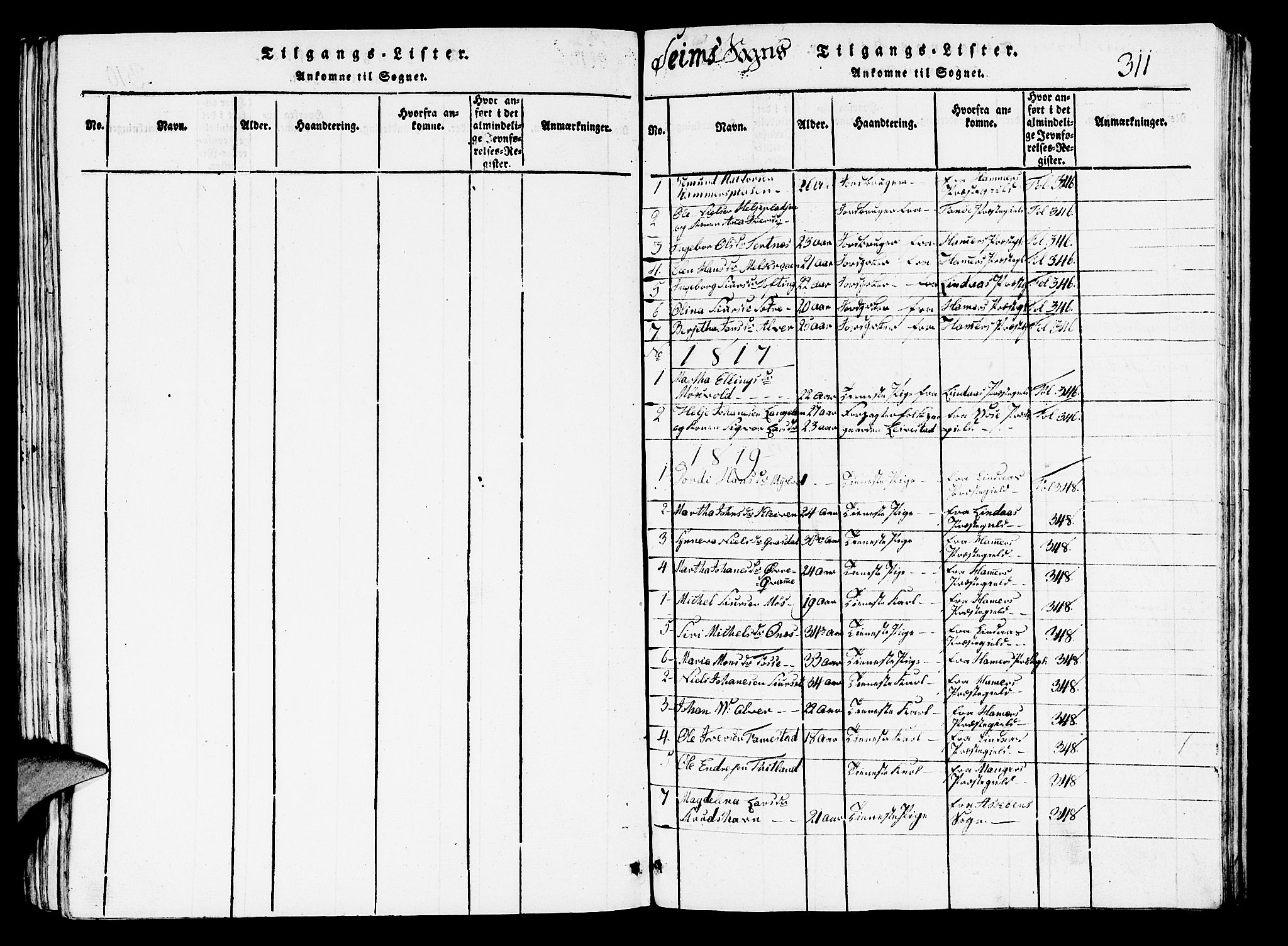 Hosanger sokneprestembete, SAB/A-75801/H/Hab: Parish register (copy) no. A 1 /2, 1816-1825, p. 311