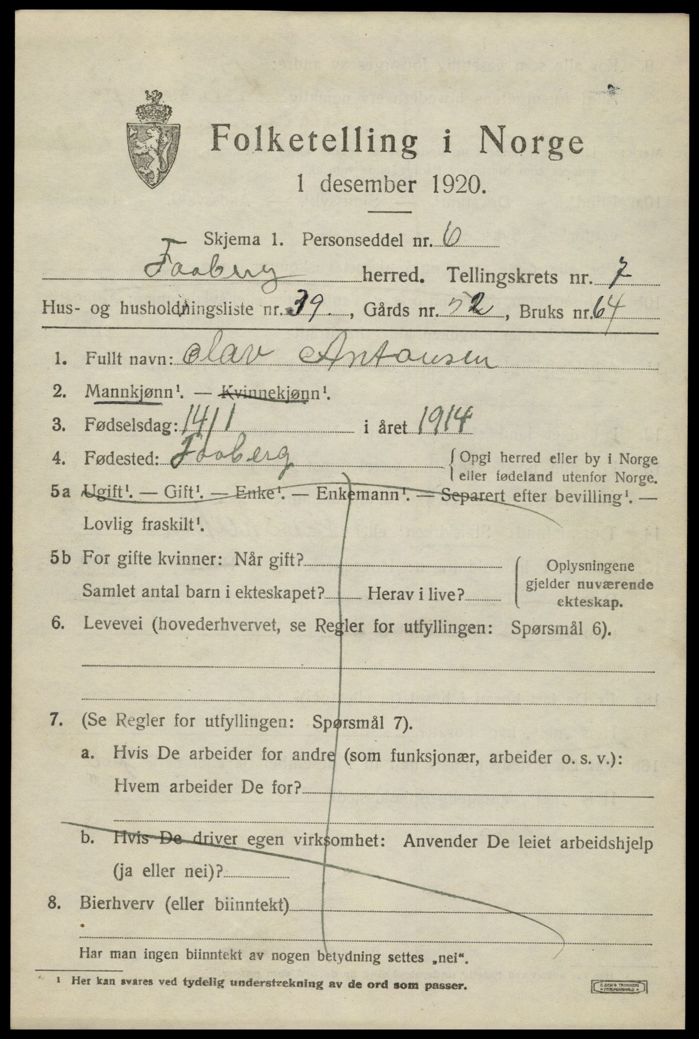 SAH, 1920 census for Fåberg, 1920, p. 8482