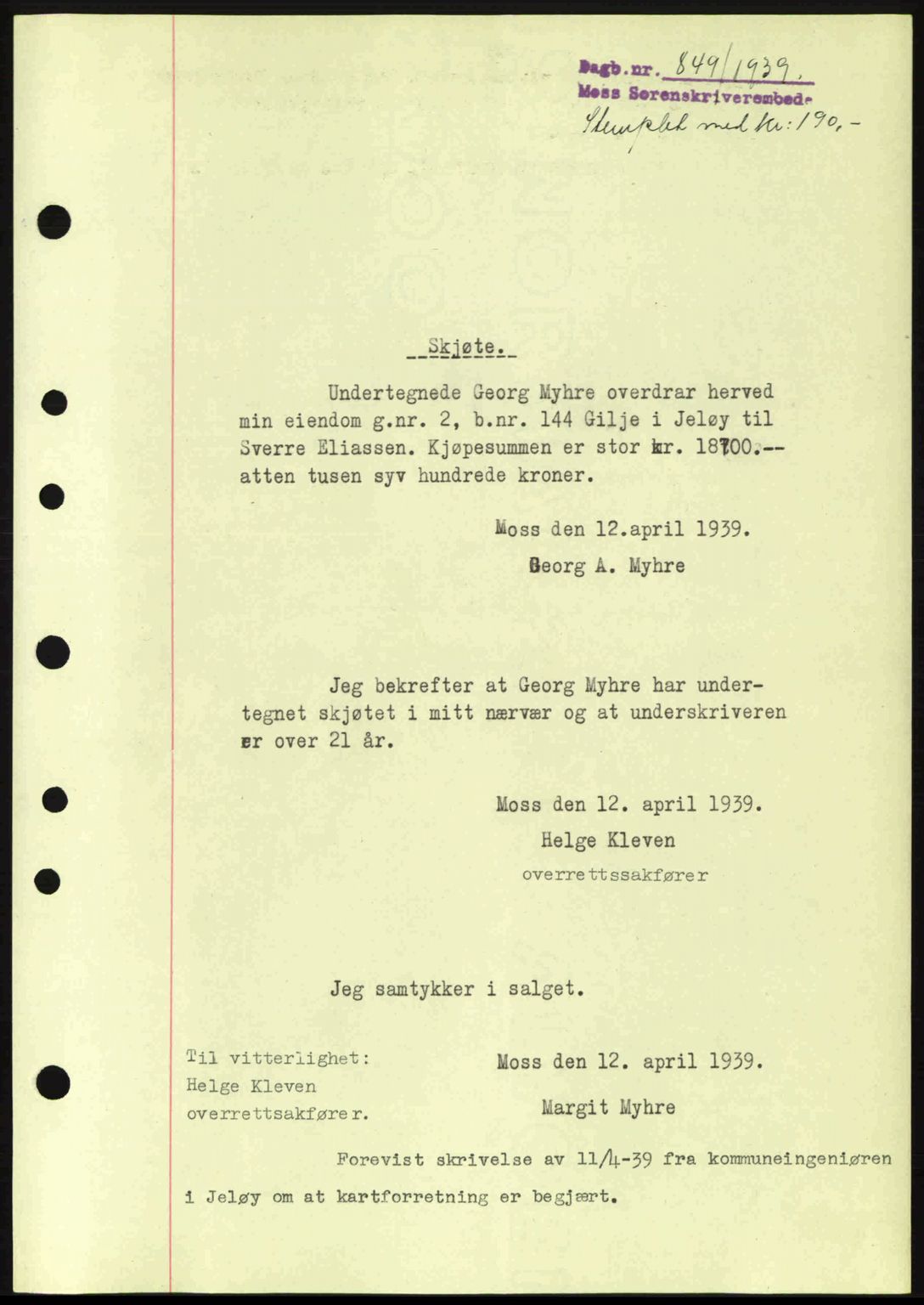 Moss sorenskriveri, SAO/A-10168: Mortgage book no. A5, 1938-1939, Diary no: : 849/1939