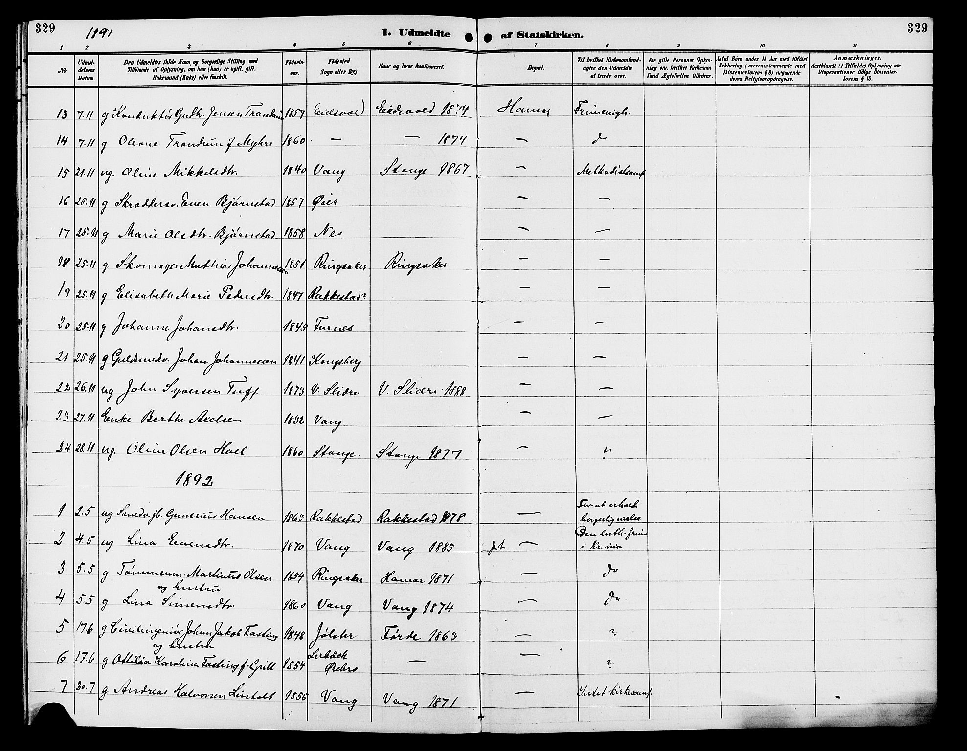 Vang prestekontor, Hedmark, AV/SAH-PREST-008/H/Ha/Hab/L0013: Parish register (copy) no. 13, 1890-1899, p. 329