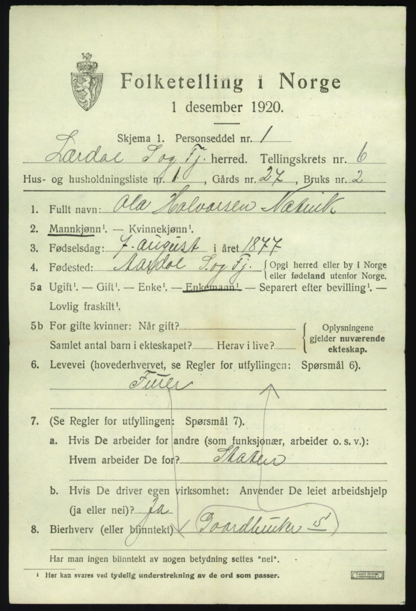 SAB, 1920 census for Lærdal, 1920, p. 2692