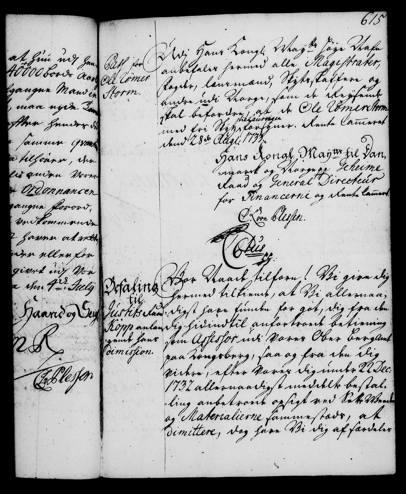 Rentekammeret, Kammerkanselliet, RA/EA-3111/G/Gg/Gga/L0003: Norsk ekspedisjonsprotokoll med register (merket RK 53.3), 1727-1734, p. 615