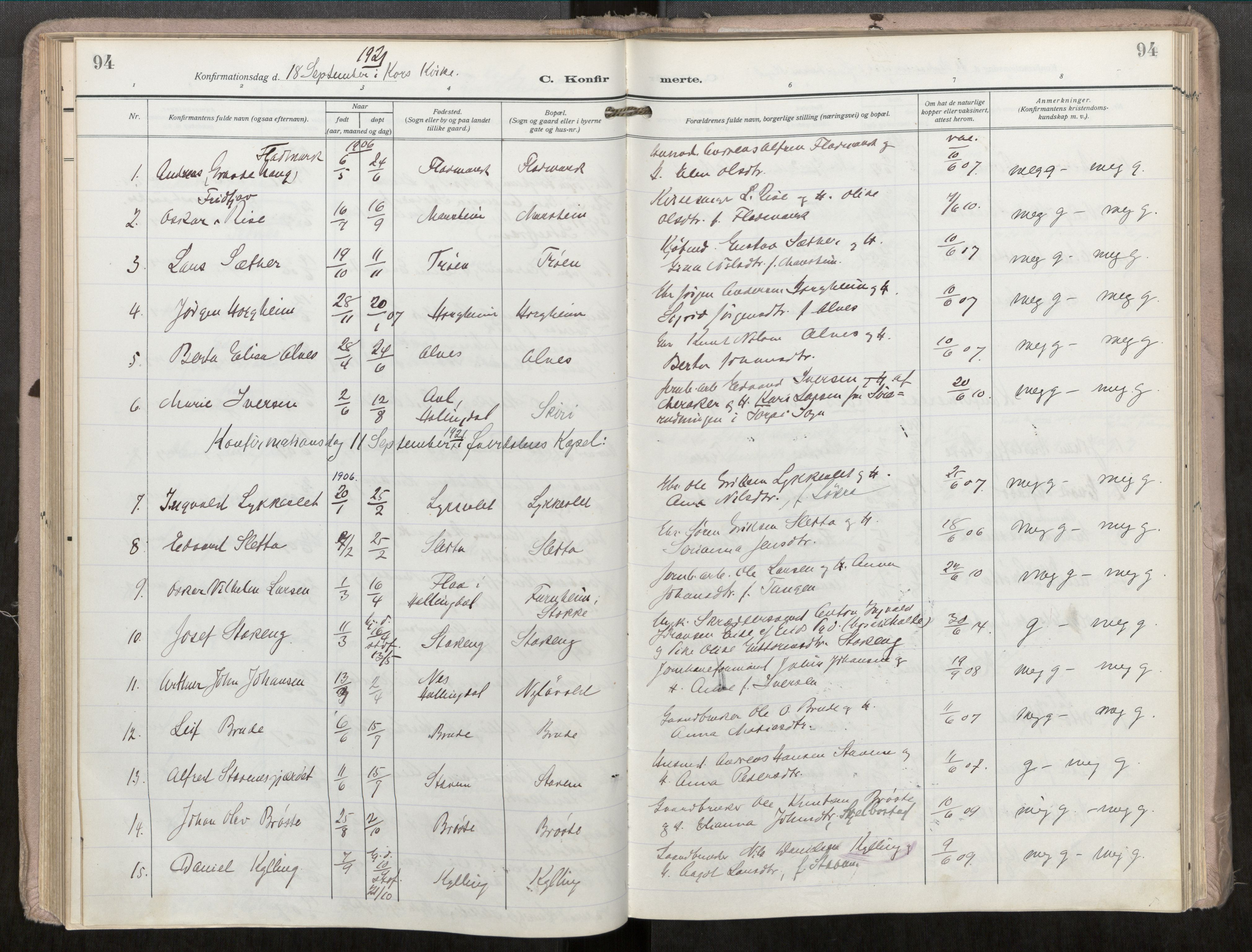 Ministerialprotokoller, klokkerbøker og fødselsregistre - Møre og Romsdal, SAT/A-1454/546/L0601: Parish register (official) no. 546A04, 1919-1956, p. 94