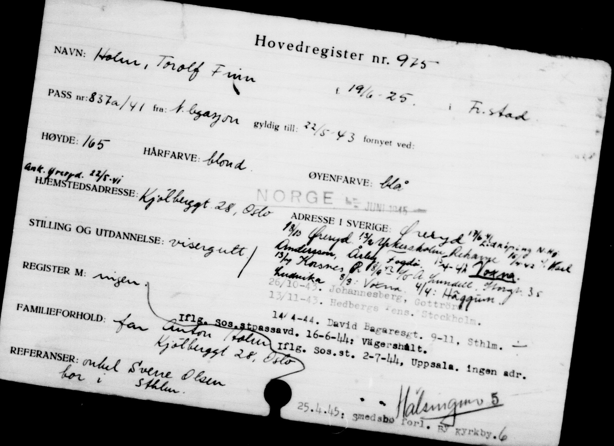 Utenriksstasjonene, Legasjonen i Stockholm, Flyktningkontoret, AV/RA-S-6753/V/Va/L0001: Kjesäterkartoteket, flyktninger med registreringsnr. 1-1000, 1940-1945, p. 1514