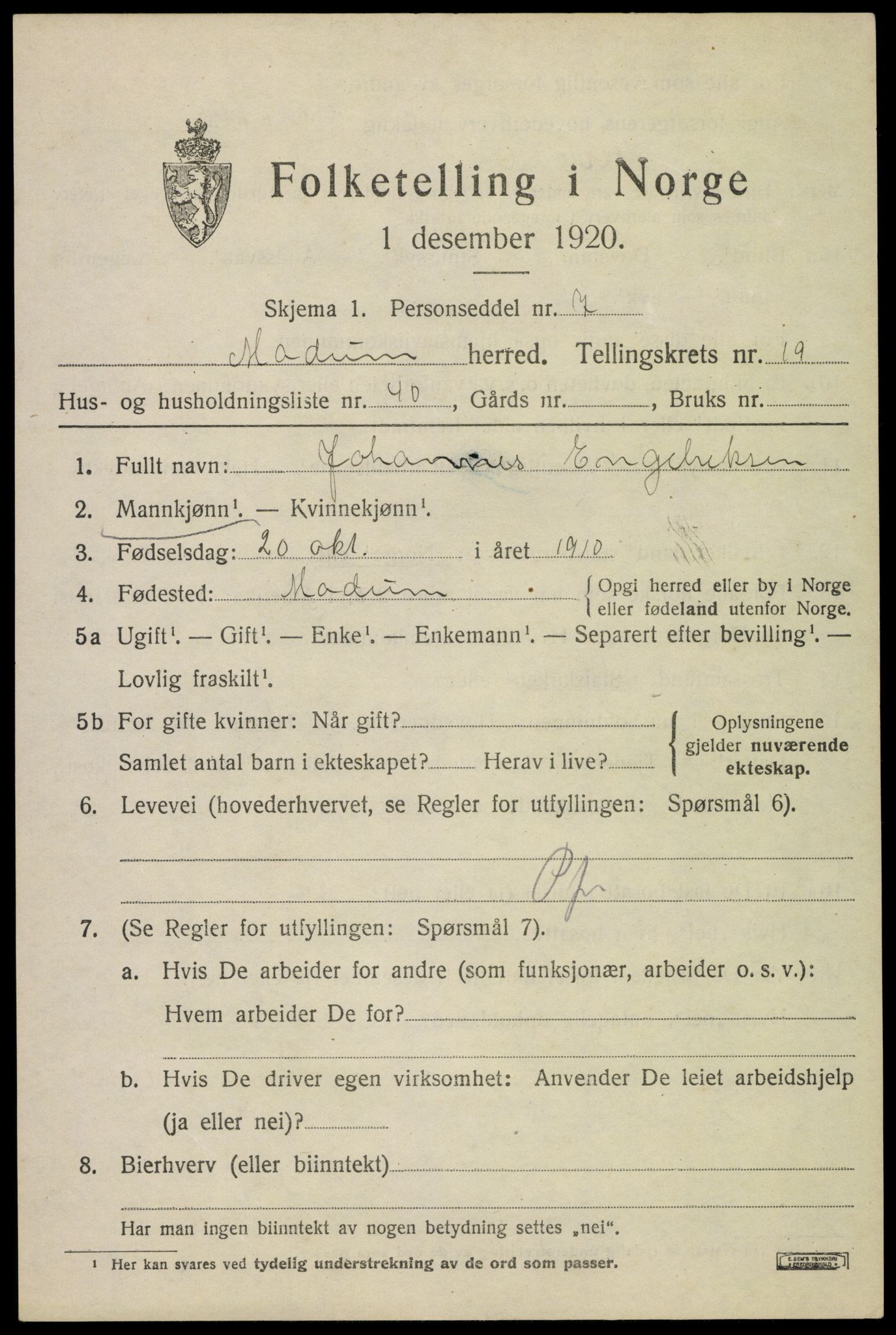 SAKO, 1920 census for Modum, 1920, p. 22103