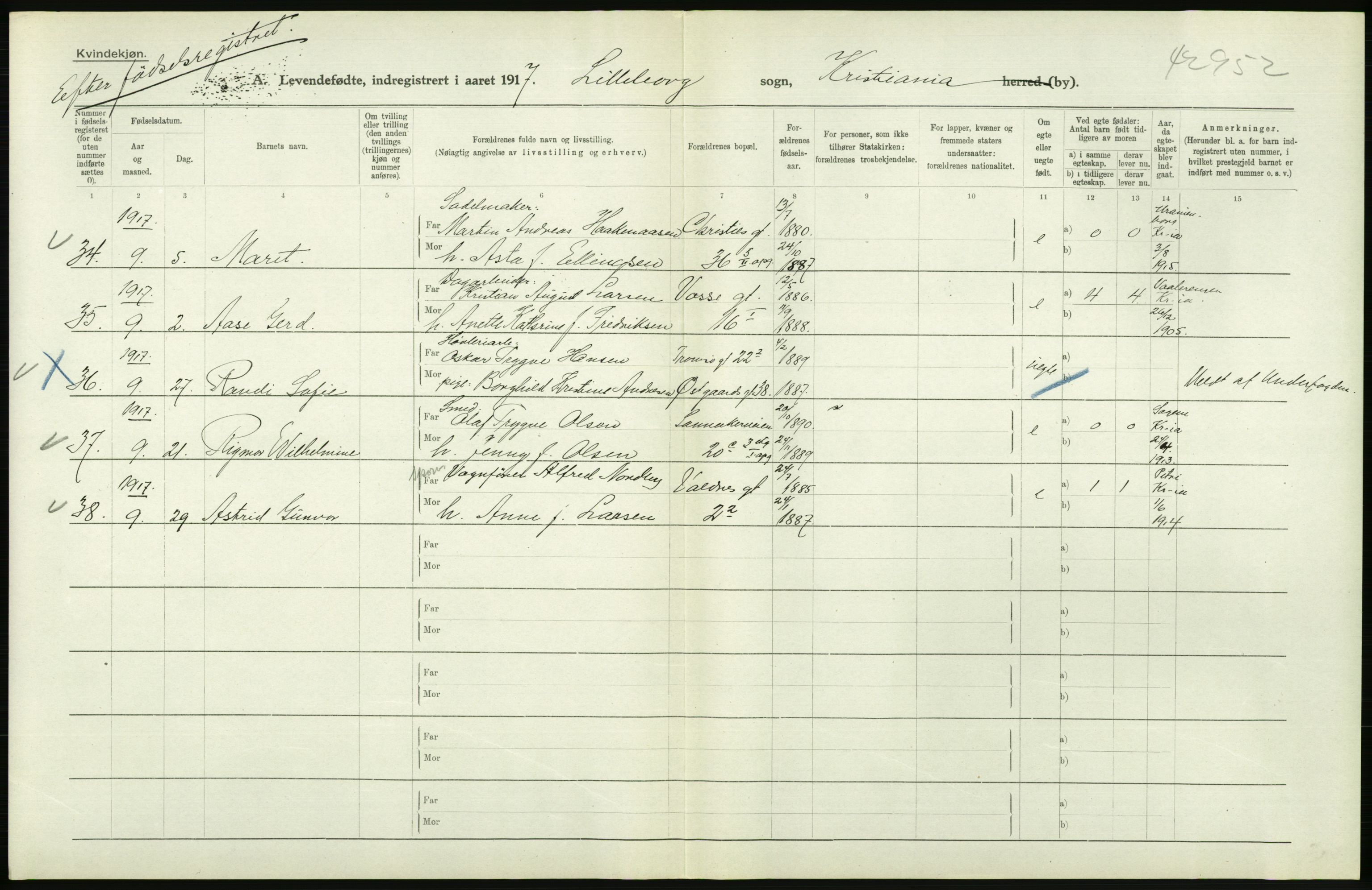 Statistisk sentralbyrå, Sosiodemografiske emner, Befolkning, AV/RA-S-2228/D/Df/Dfb/Dfbg/L0006: Kristiania: Levendefødte menn og kvinner., 1917, p. 426