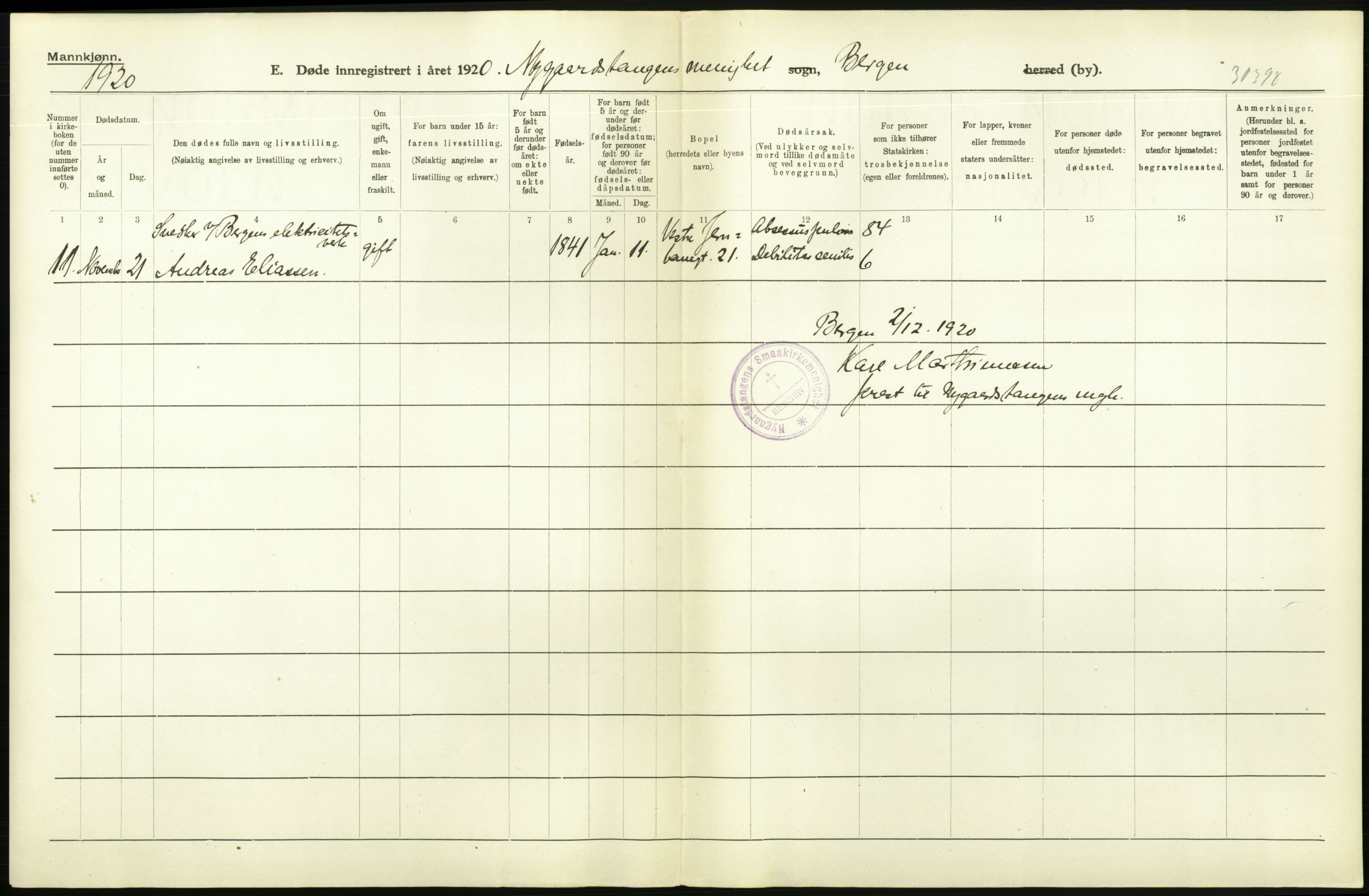 Statistisk sentralbyrå, Sosiodemografiske emner, Befolkning, AV/RA-S-2228/D/Df/Dfb/Dfbj/L0042: Bergen: Gifte, døde, dødfødte., 1920, p. 296