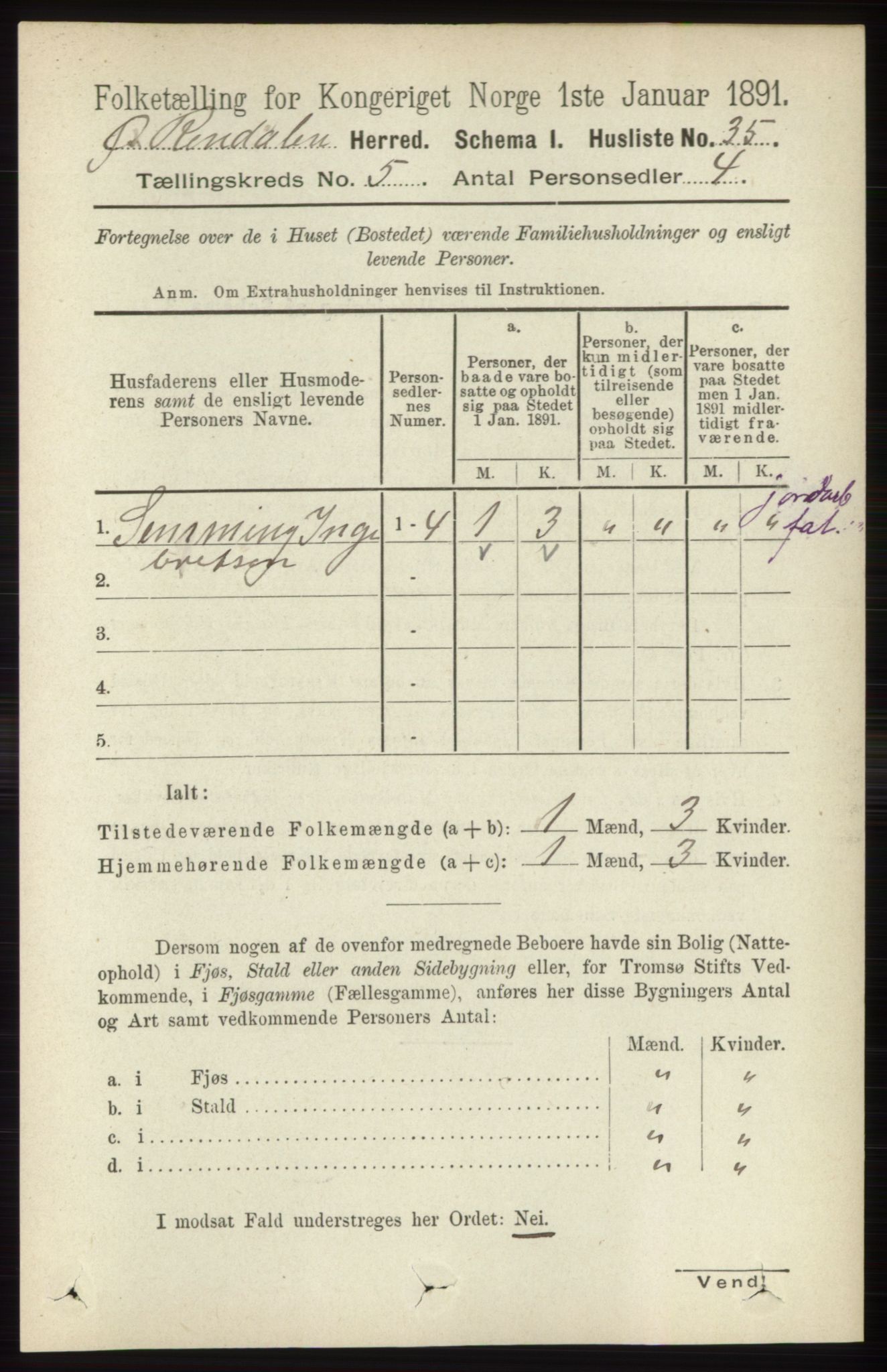 RA, 1891 census for 0433 Øvre Rendal, 1891, p. 1301